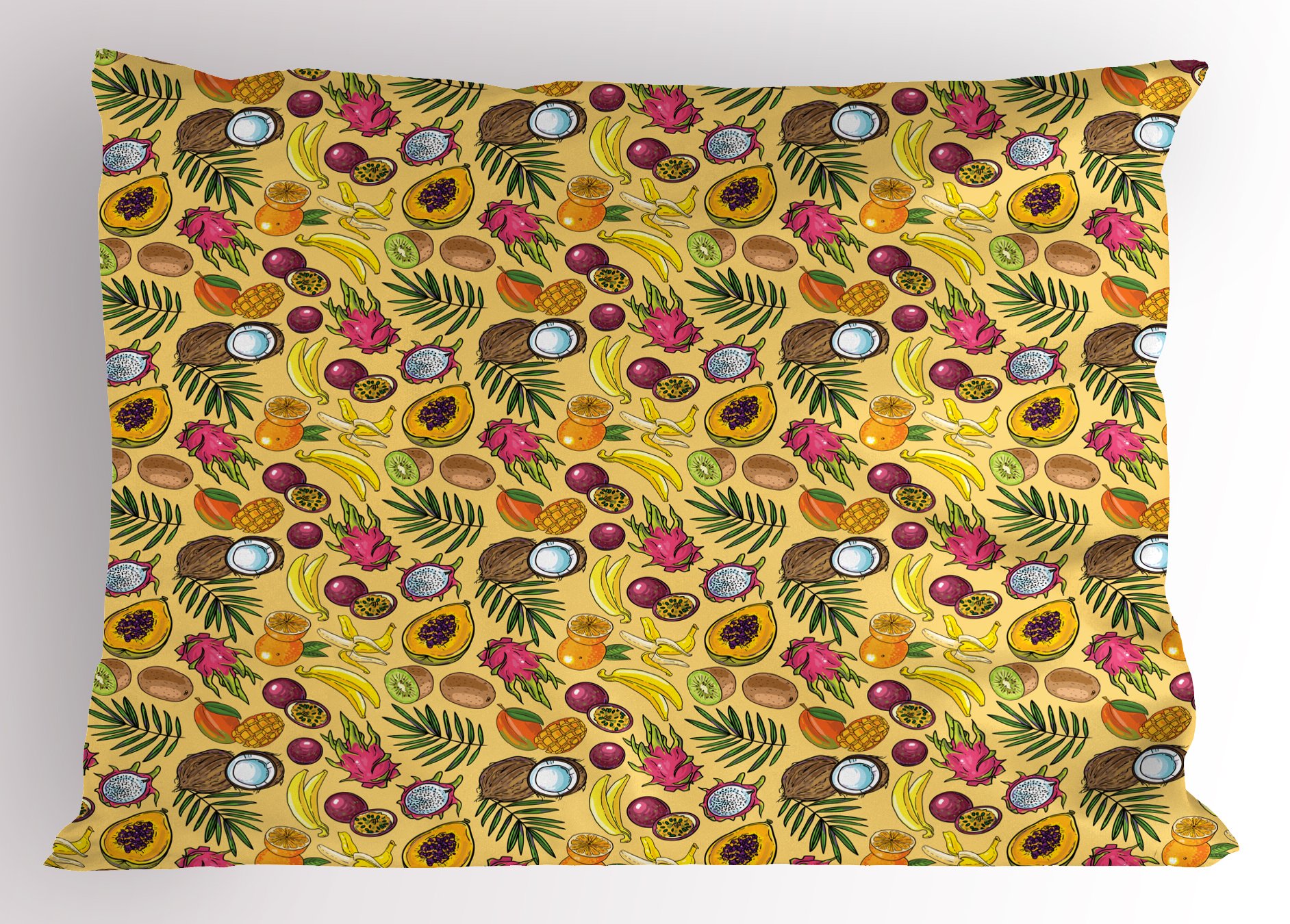 Ambesonne Fruit Pillow Sham, Various Tropical Fruits Kiwi Mango Papaya Coconut Juicy Tropical Summer Food, Decorative Standard King Size Printed Pillowcase, 36" X 20", Multicolor