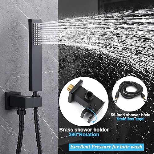 Miniatura 6 de Sistema de chorro de ducha de lluvia de 12 pulgadas con interruptor de encendido y apagado, juego de grifo de ducha de techo negro mate