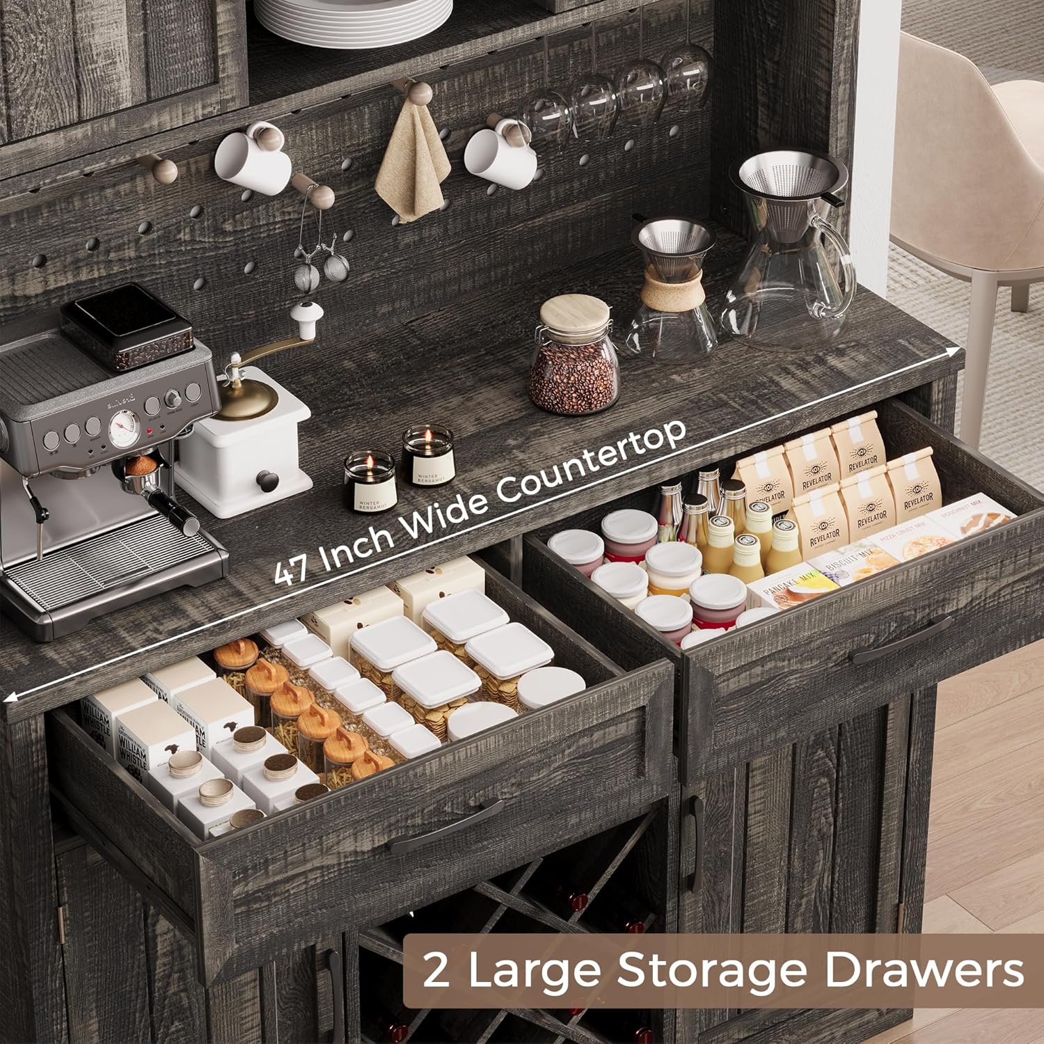 72" Coffee Bar Cabinet with Power Outlet & LED Light, Farmhouse Large Kitchen Hutch with Sliding Barn Door, Tall Bar Cabinets with Storage Drawers & Wine Glass Rack,Pantry China Cabinet,Black Oak