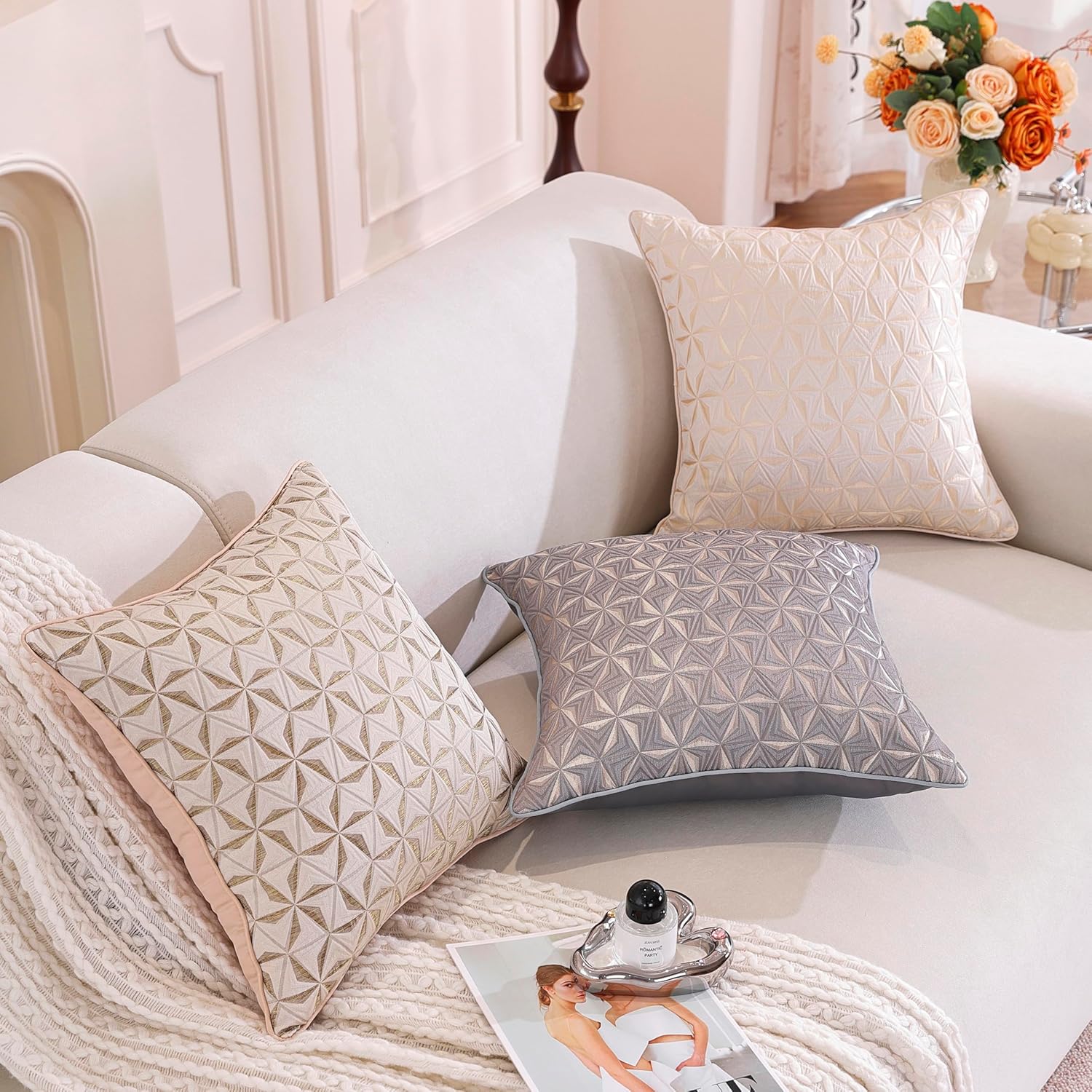 TAOSON Pack of 2, Luxury High Precision Jacquard Modern Grey/Gray and Gold Decorative Throw Pillow Covers Cushion Cases Square Pillowcase for Sofa Couch Bedroom Living Room Home,20x20 inch S038