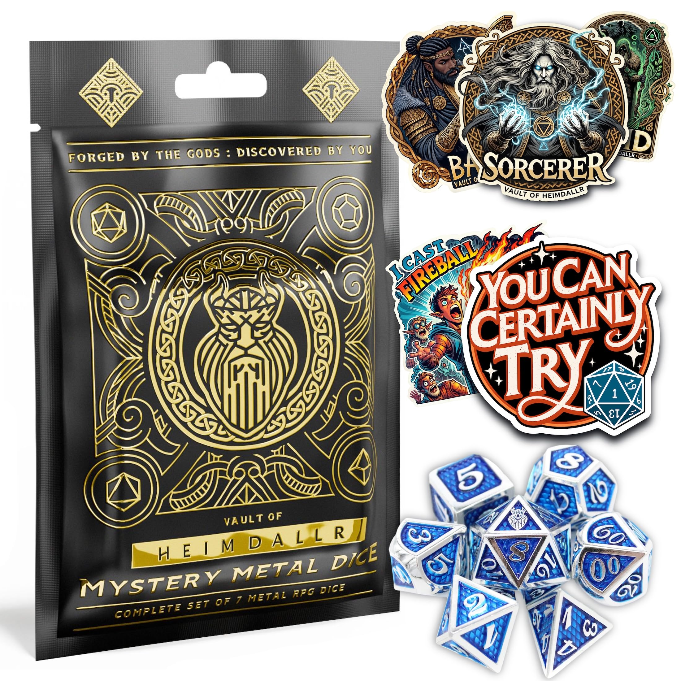 HEIMDALLR Mystery Metal DND Dice Set – 7pc Blind Bag with Random Class & Funny DND Stickers – Metal Role Playing Dice for Dungeons and Dragons – Gift for D&D Players, Great for New Characters