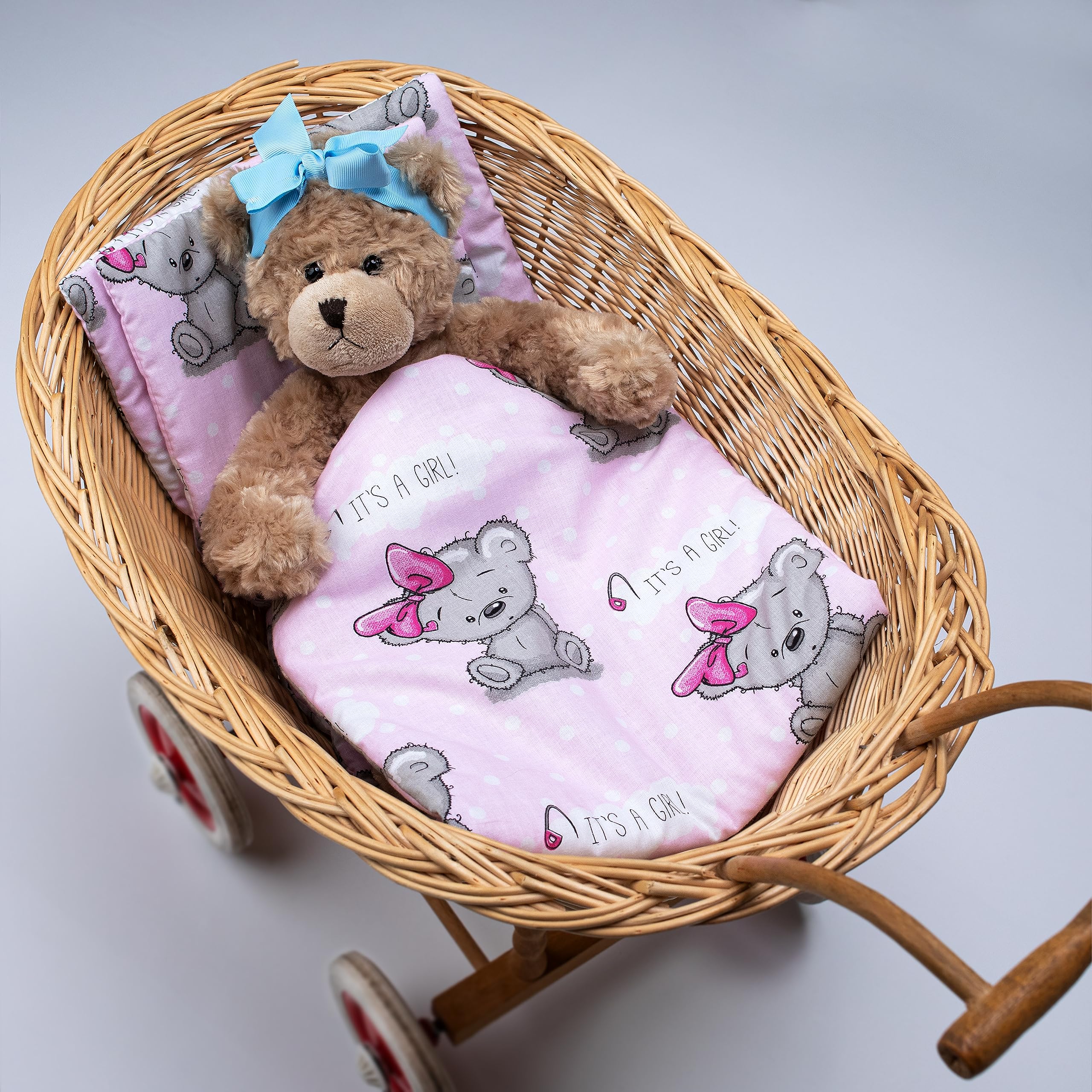 PinkZebra Set di 3 pezzi di biancheria da letto per bambole, coperta + cuscino + materasso, fino a 43 cm, per carrozzina di bambola, per letto di bambola, It's A Girl