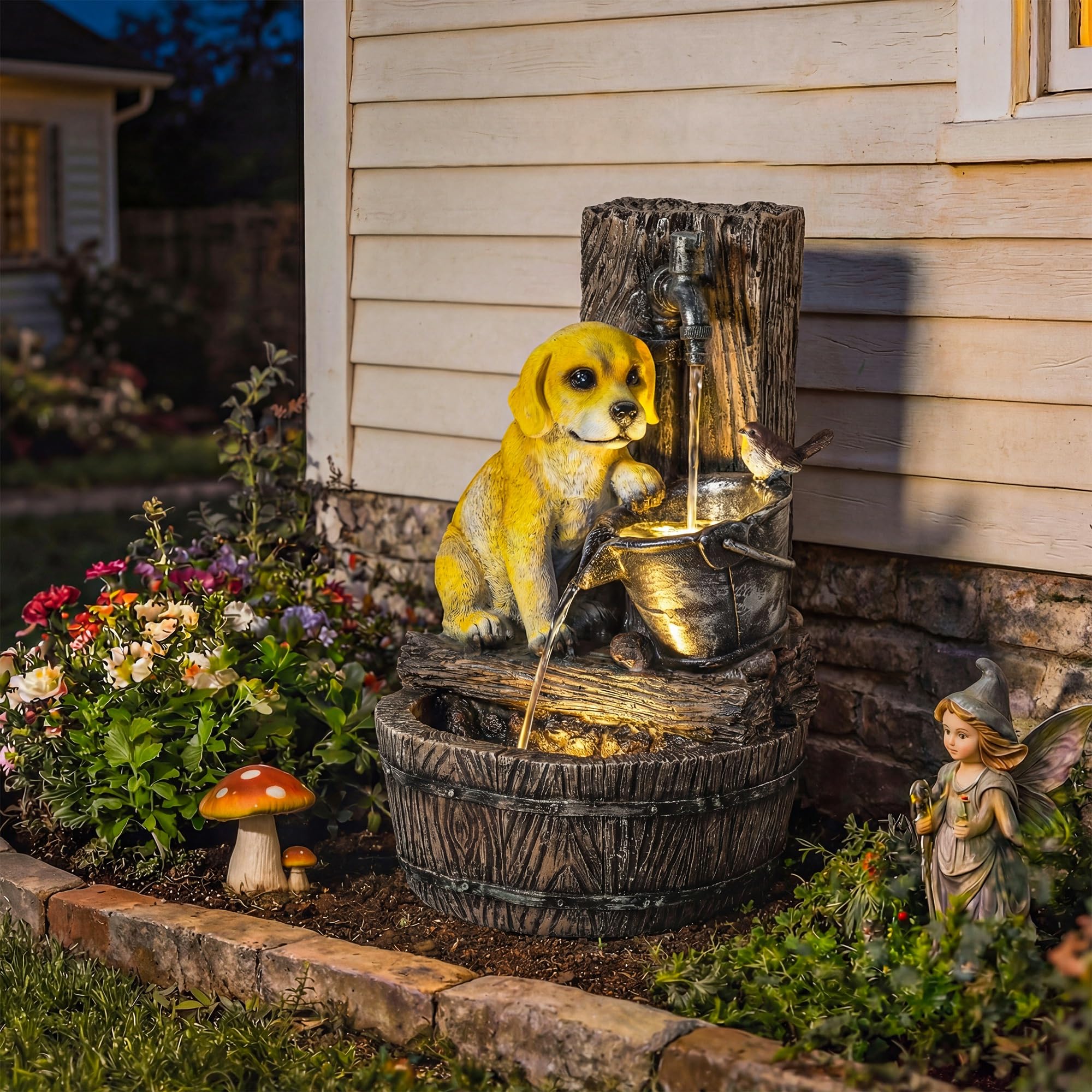 Outsunny 22" Outdoor Fountain 3-Tier Puppy Theme Cascading LED Rustic Brown