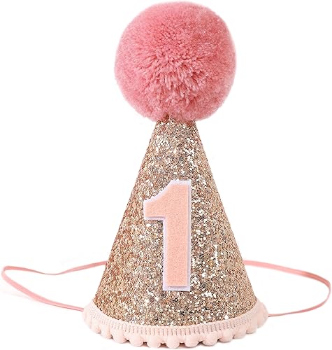 Corona de primer cumpleaños de oro rosa y accesorios para aplastar pasteles, sombrero de fiesta para niñas, decoraciones de purpurina rosa