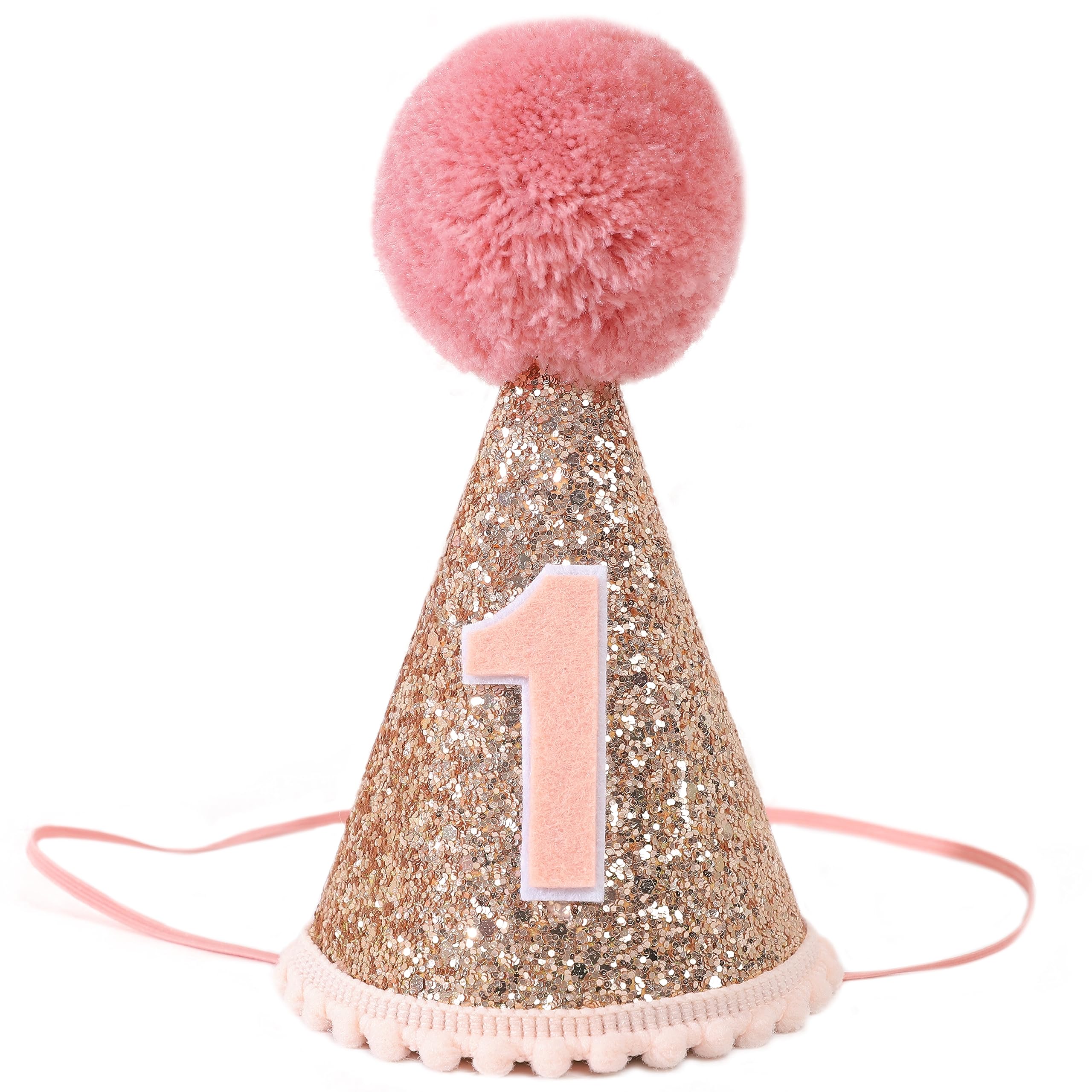 Rose Gold 1st Birthday Crown and Cake Smash Props - Girls Party Hat Pink Glitter Decorations