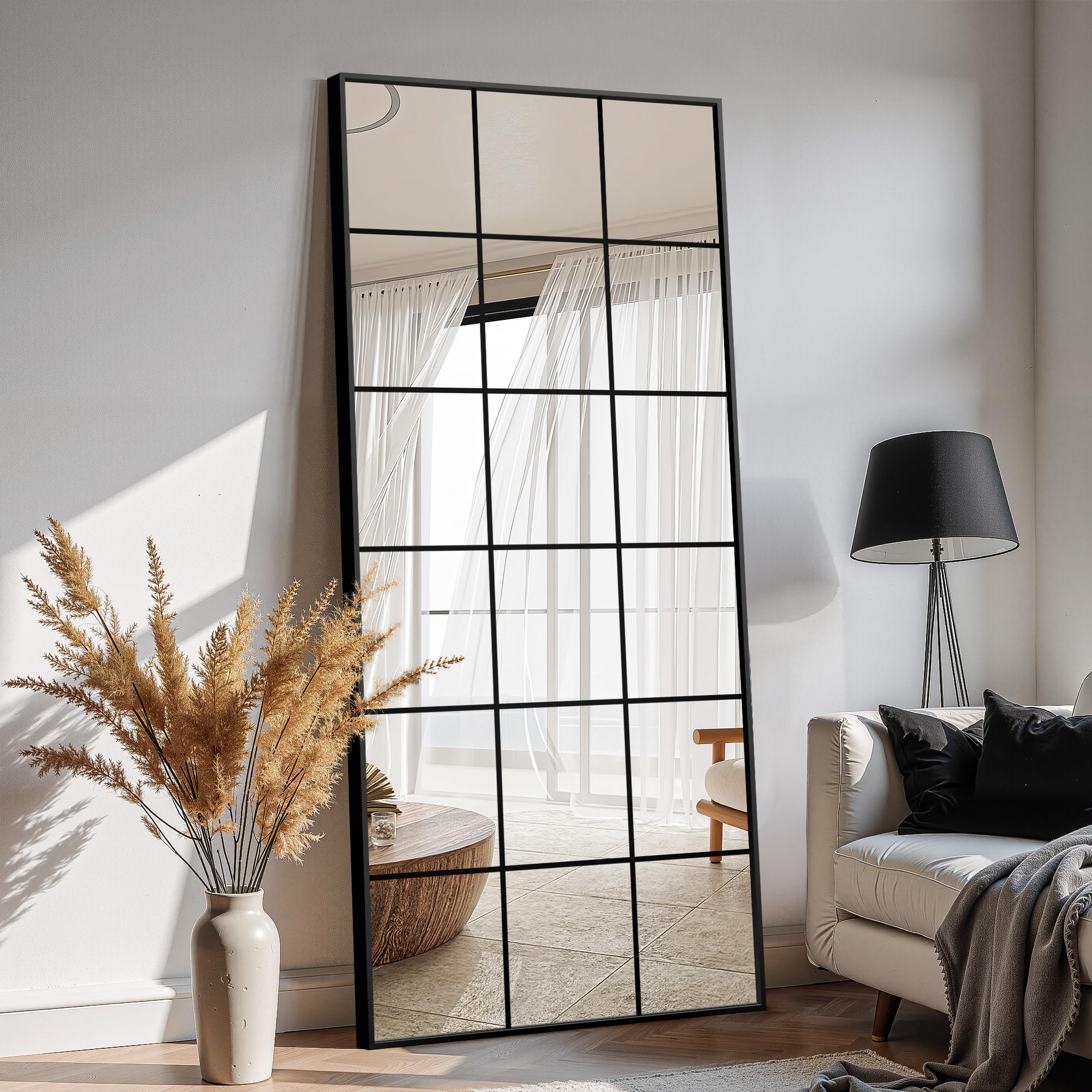 Large Window Pane Full Length Mirror for Wall, 70"x30" Oversize Black Full Body Wall Mirror for Living Room, Bedroom, Entryway, Hanging or Leaning