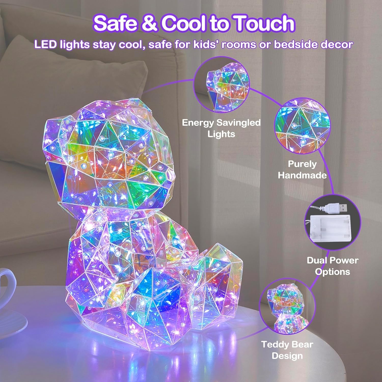 LED Teddy Bear Night Light, Holographic Iridescent Design, Nursery Decor Display Box with Ribbon (Bear, Small)