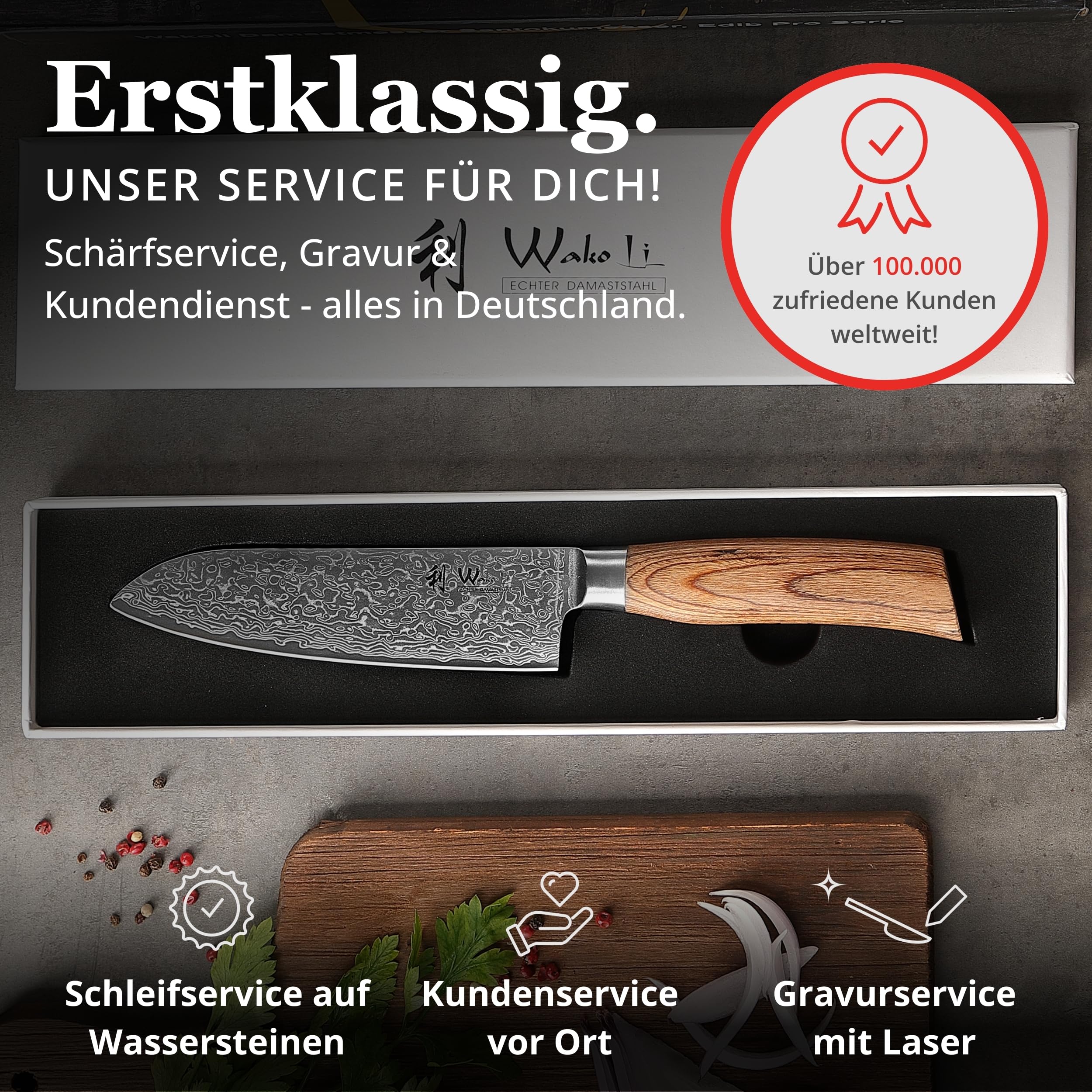 Wakoli EDIB Pro Santokumesser, 16 cm Klinge aus Damaststahl mit VG10 Kern | 67 Lagen, 60 ± 2 HRC, 30 cm Gesamtlänge, Pakkaholzgriff und Geschenkbox; beidseitiger V-Schliff für Fleisch, Fisch und Gemüse