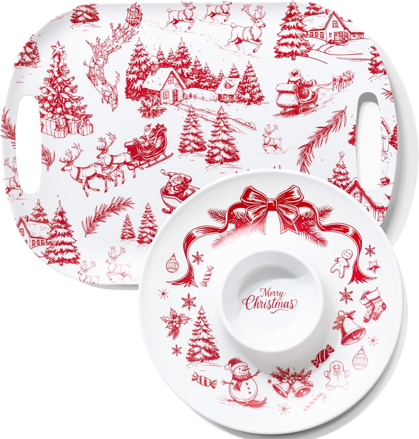 onederful 2-piece christmas serving tray set with 18 inch large tray and 13 inch dip platter - holiday buffet server for christmas party, family gathering, birthday, bbq - santa gifts (red & white) christmas colors 18 inch