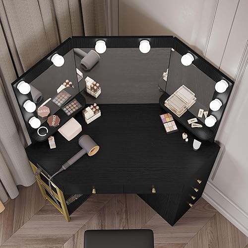 Miniatura 2 de DWVO Escritorio esquinero de maquillaje con bombillas Hollywood espejo y toma de corriente, juego de tocador negro de 43 pulgadas con 3 modos de