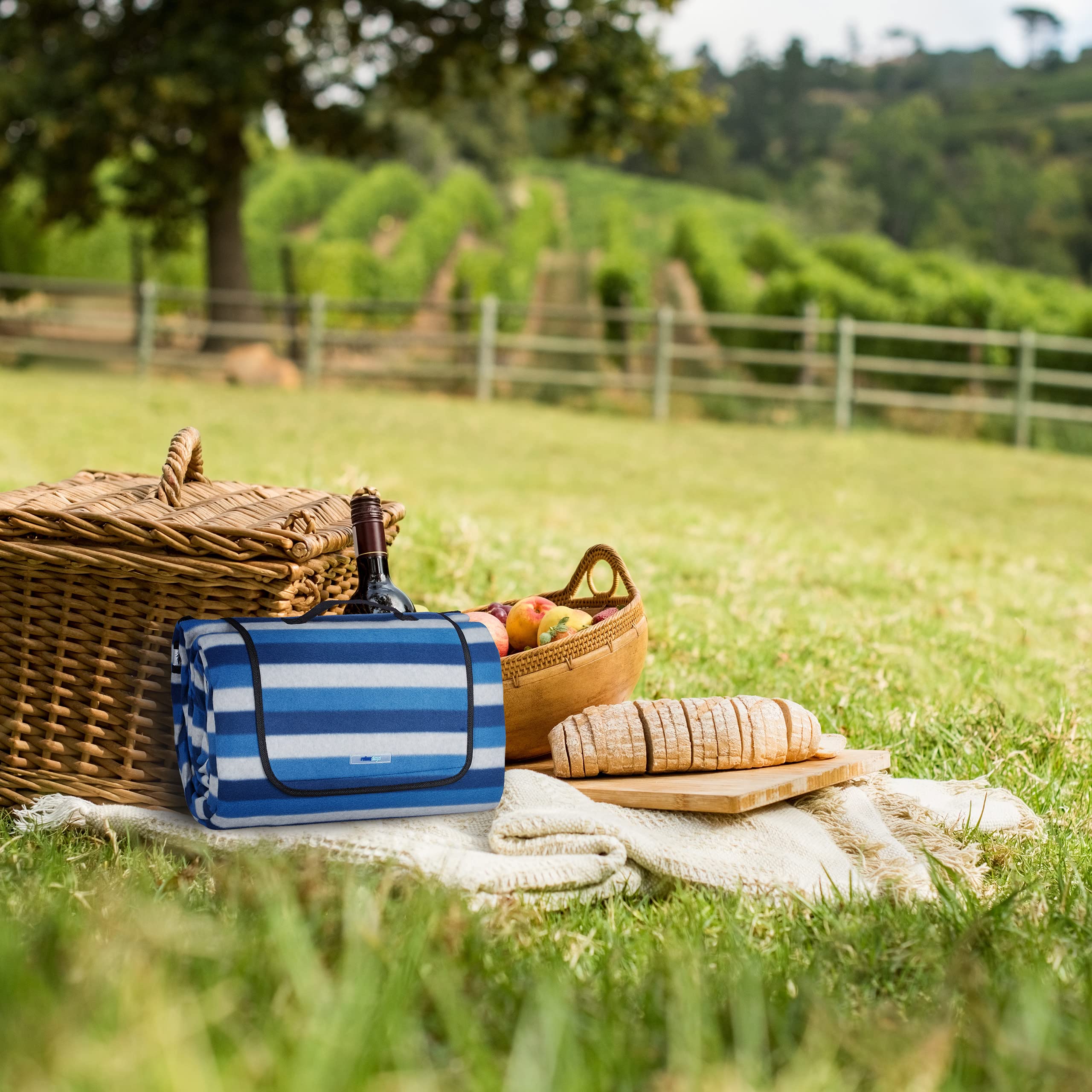 Relaxdays Coperta da Picnic XXL, 200 x 300 cm, Plaid Impermeabile da Spiaggia, Isolante, Telo con Manico, Bianco Blu