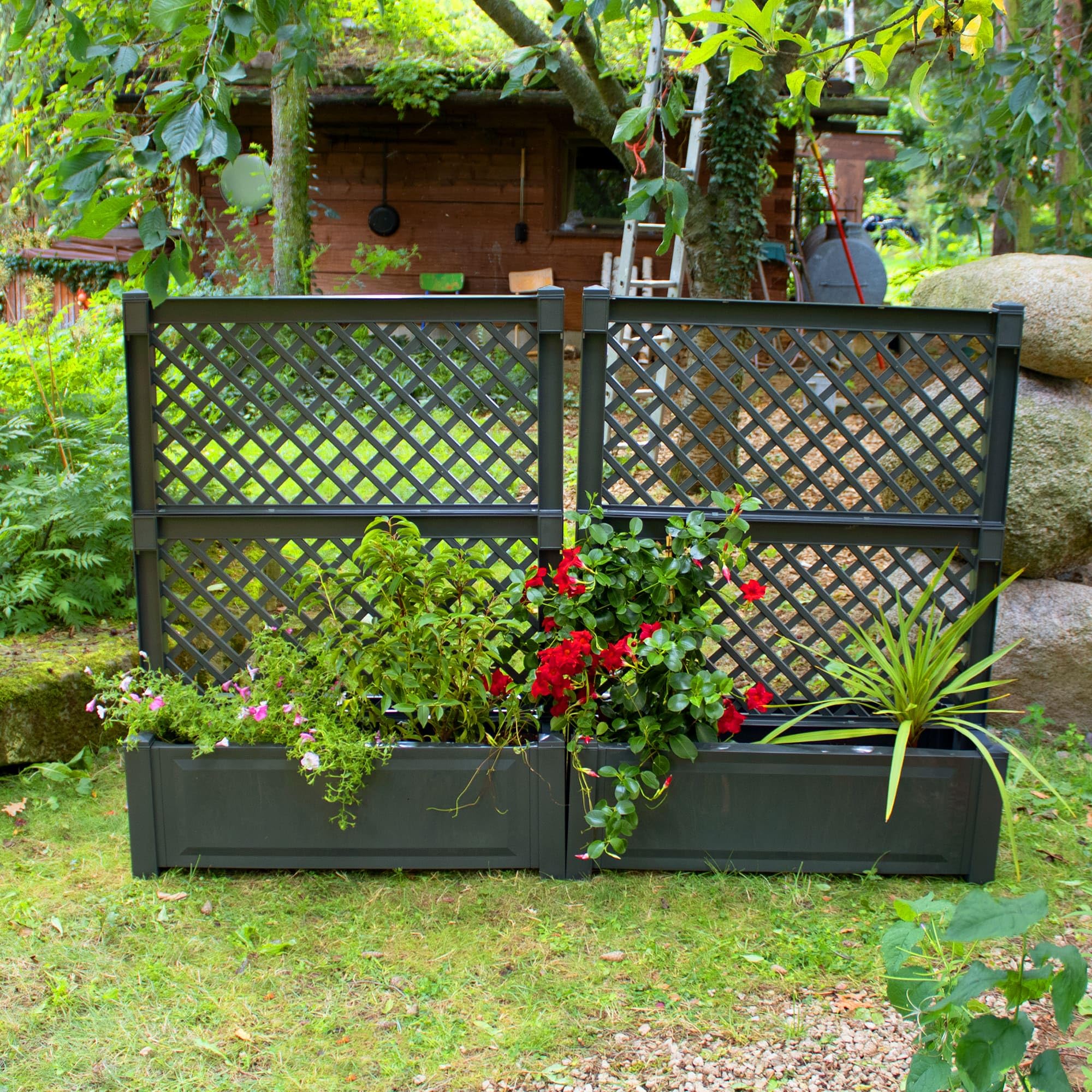 NYVI Pflanzkasten NYVIGreen 100x43x140 cm 110 Liter mit Zentralspalier 2er Set - Pflanzkübel aus wetterfestem & recyceltem Kunststoff - Pflegeleicht, Montage ohne Werkzeug, Farbe:Anthrazit