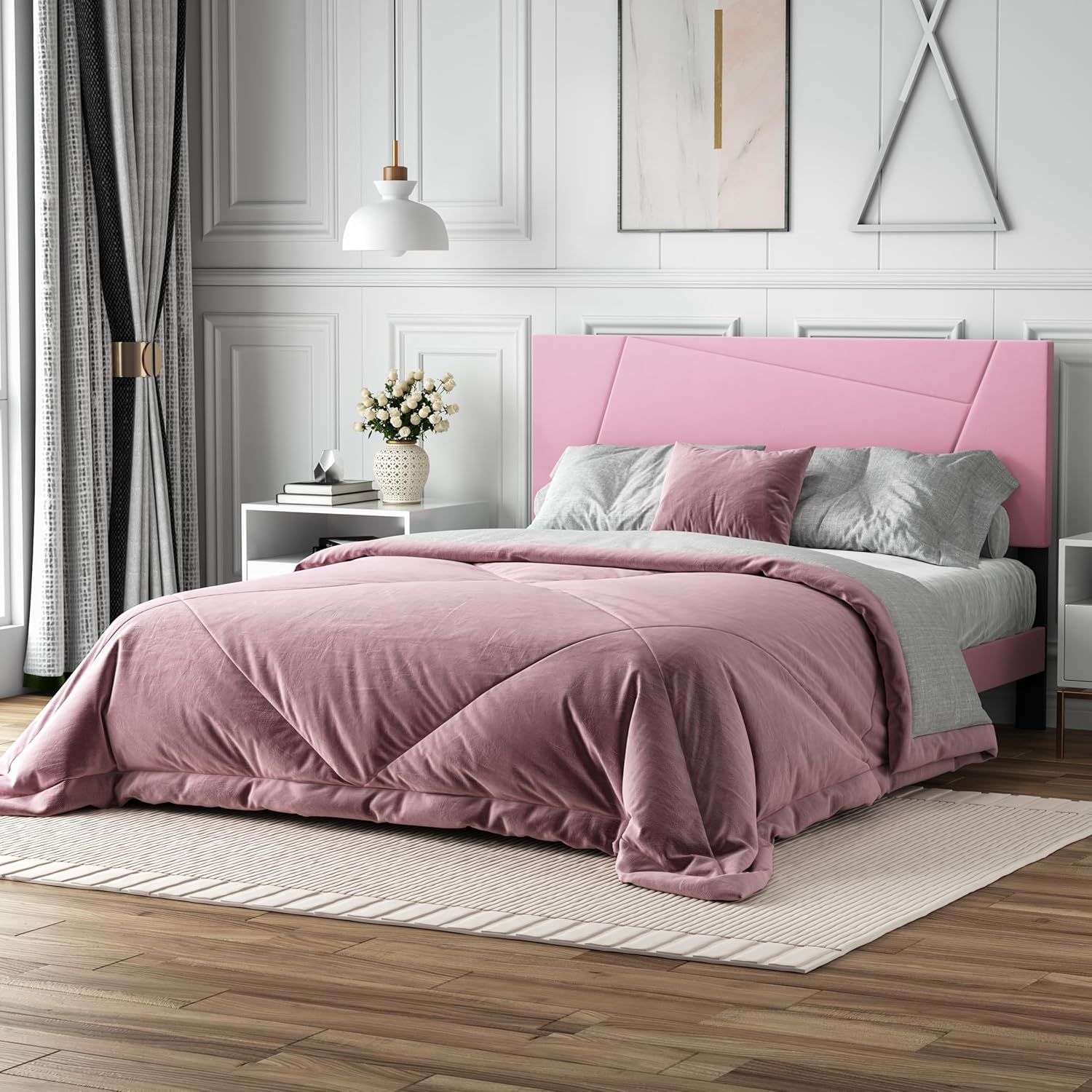 Queen Size Bed Frame Platform with Velvet Upholstered Headboard, Geometric, Sturdy Frame and Wooden Slats, Noiseless, No Box Spring Required, Easy to Assemble,Pink