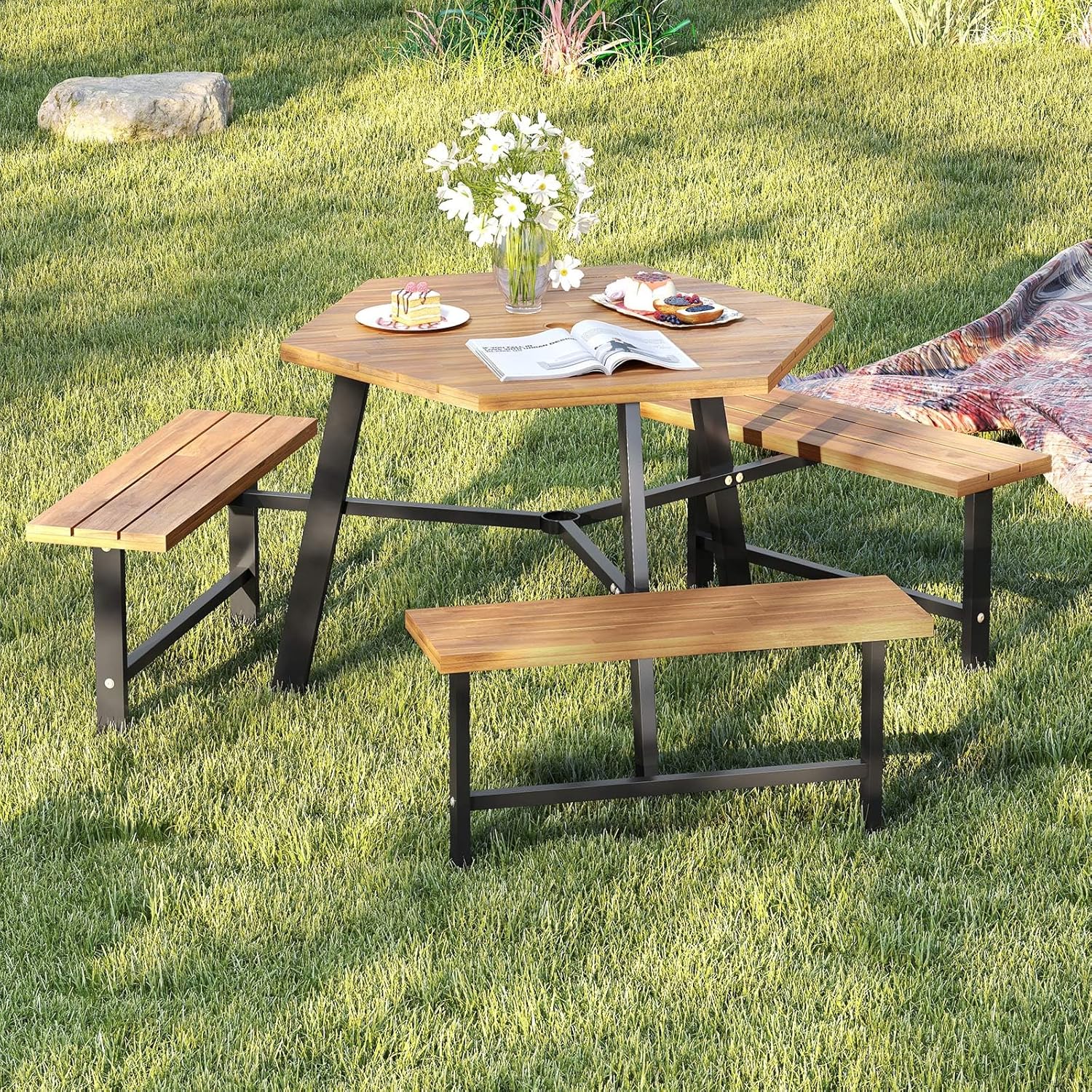 Tangkula 6 Person Acacia Wood Picnic Table, Outdoor Hexagonal Table and Bench Set with 3 Built-in Benches, Umbrella Hole & Metal Frame for Patio Backyard Garden Poolside