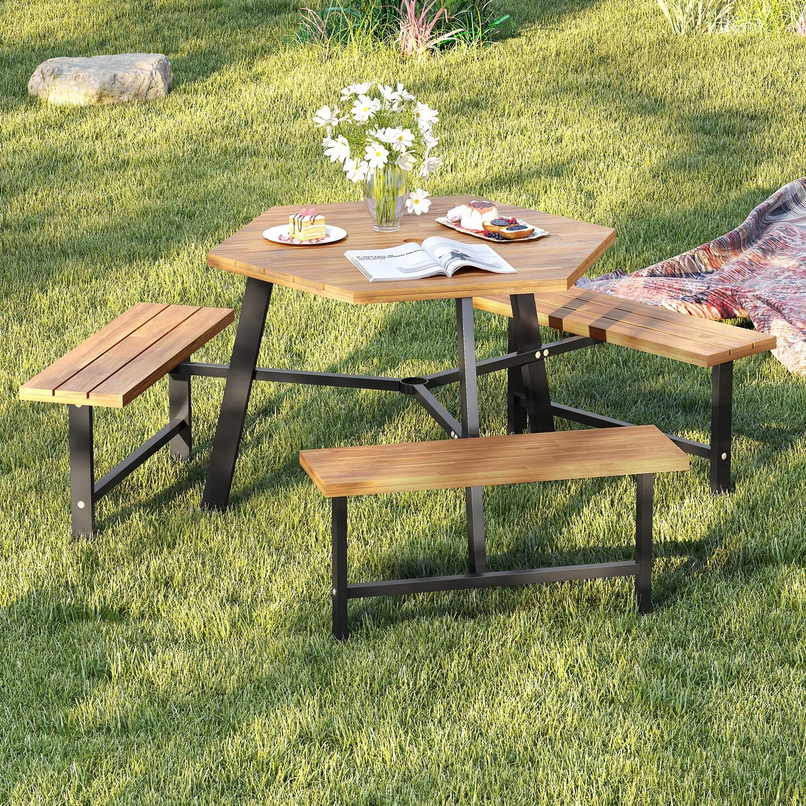 RELAX4LIFE Tavolo da Picnic per 6 Persone in Legno di Acacia con Panchine Incorporate, Set da Tavolo da Pranzo Esterno con Foro per Ombrellone e Struttura in Metallo per Patio, Giardino, Bordo Piscina