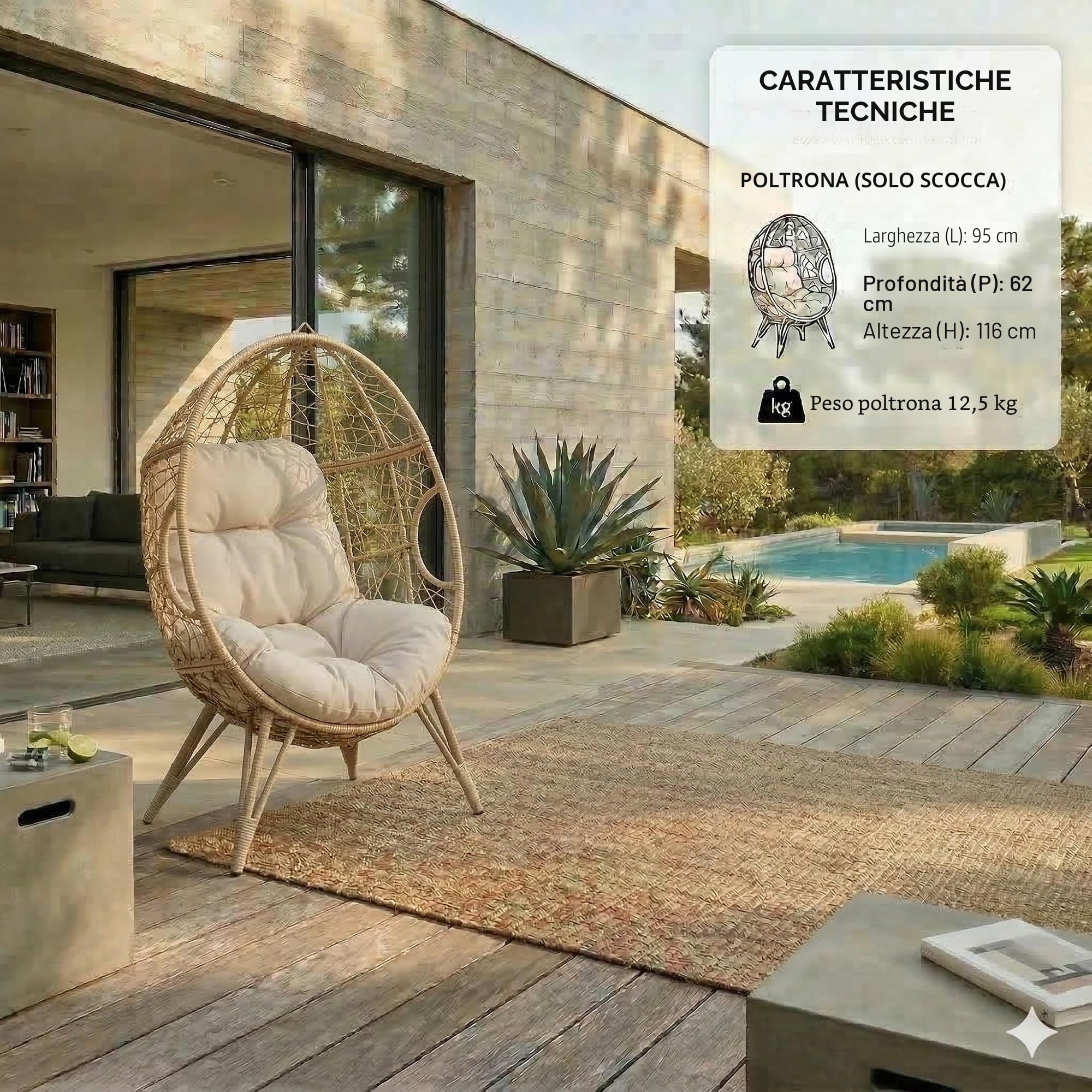CONCEPT USINE | Poltrona Uovo su Piedi Beige in Resina Beige Effetto Rattan | Design Jane | Struttura in Acciaio | Cuscino idrorepellente | Amaca Altalena su Piede Terrazza Giardino Balcone |