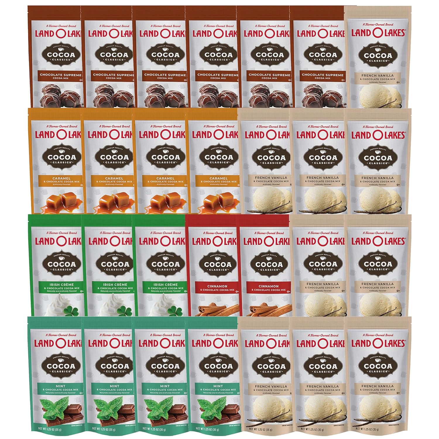 blue ribbon Land O'Lakes Hot Cocoa Mix (28 Count) 6 Flavors Gifts for Students Co-Workers Teens Someone Special Family Friends Her Him Hot Cocoa Gift Box