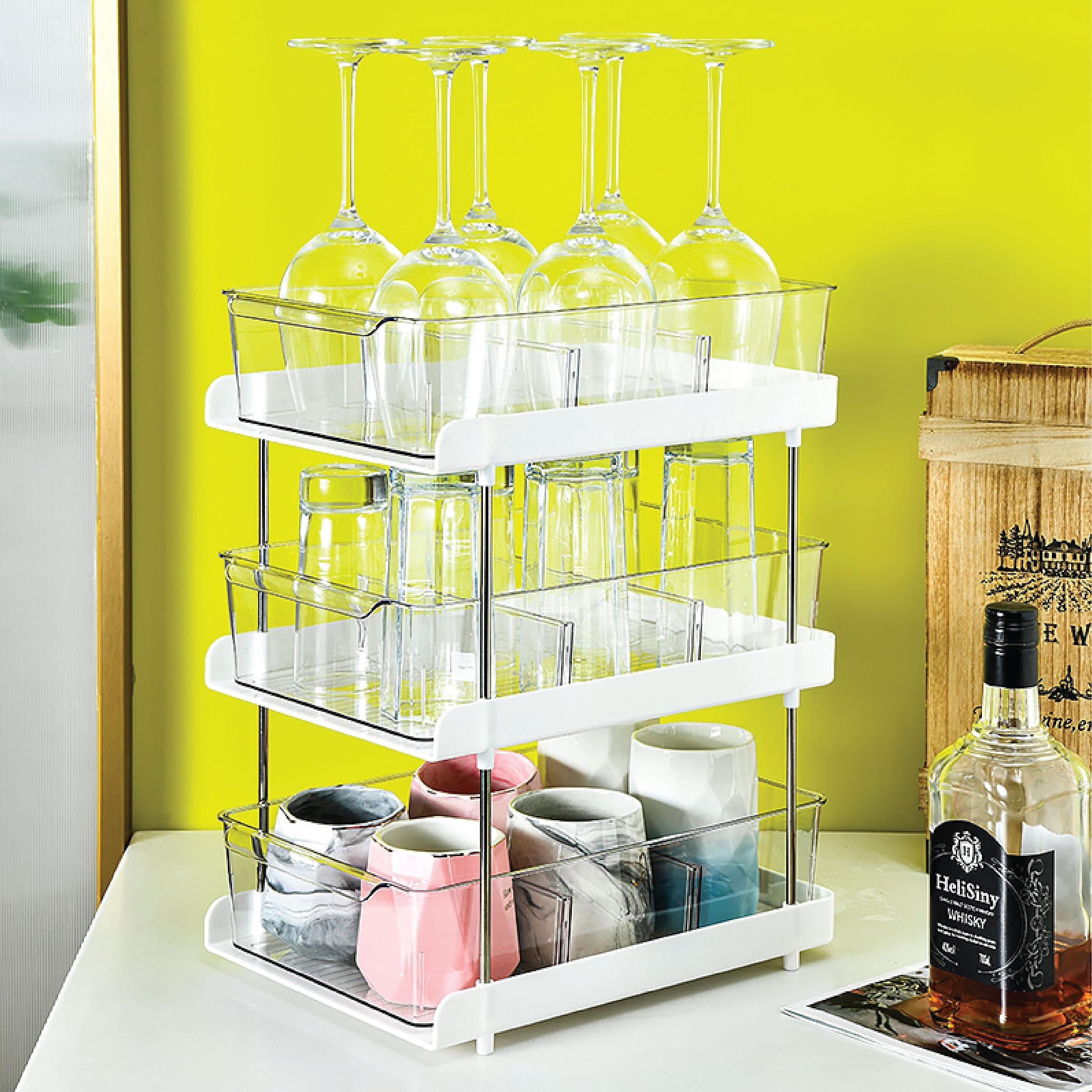 HomeStrap Plastic Multipurpose Trio Stack Space Saving Storage Rack / 3 Tier Shelf Organiser For Kitchen And Bathroom/Under The Sink(Colour: White/Clear)-image-9