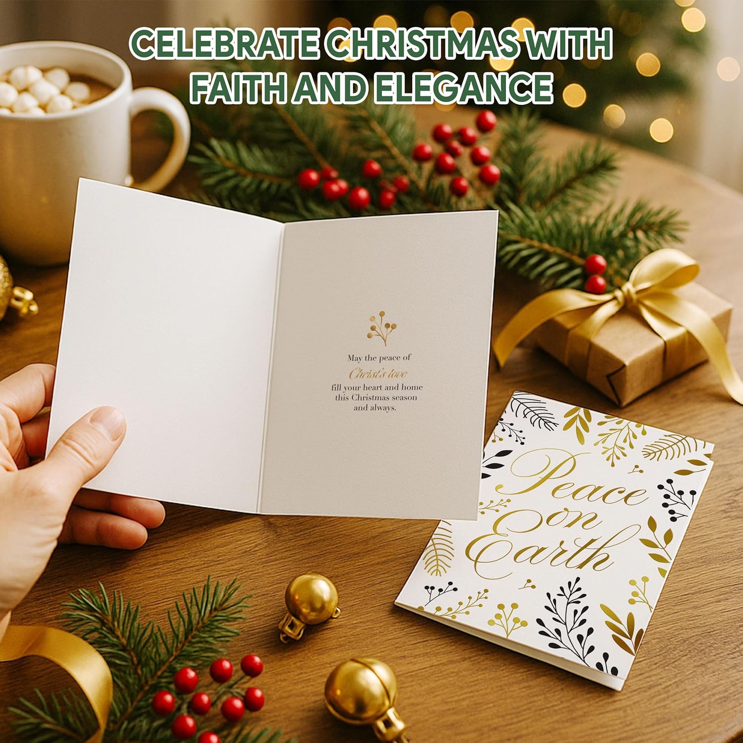 Decorably 20 Pack Gold Foil Embossed 5x7in Festive Religious Christmas Cards with Envelopes & Stickers - 5 Folded Holiday Designs Seasons Greetings Friends, Family & Loved Ones, Printed Message Inside - Image 9