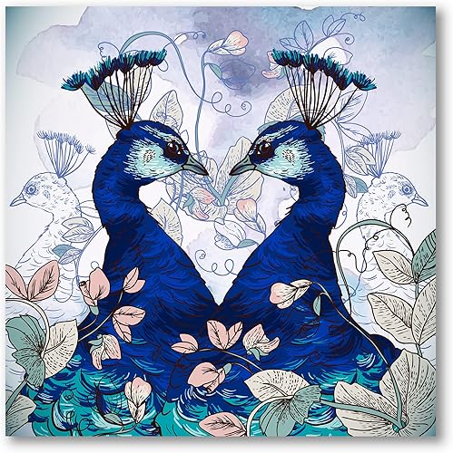 Miniatura 3 de Lienzo decorativo tradicional de dos pavos reales azules con flores silvestres, 16 x 16 pulgadas