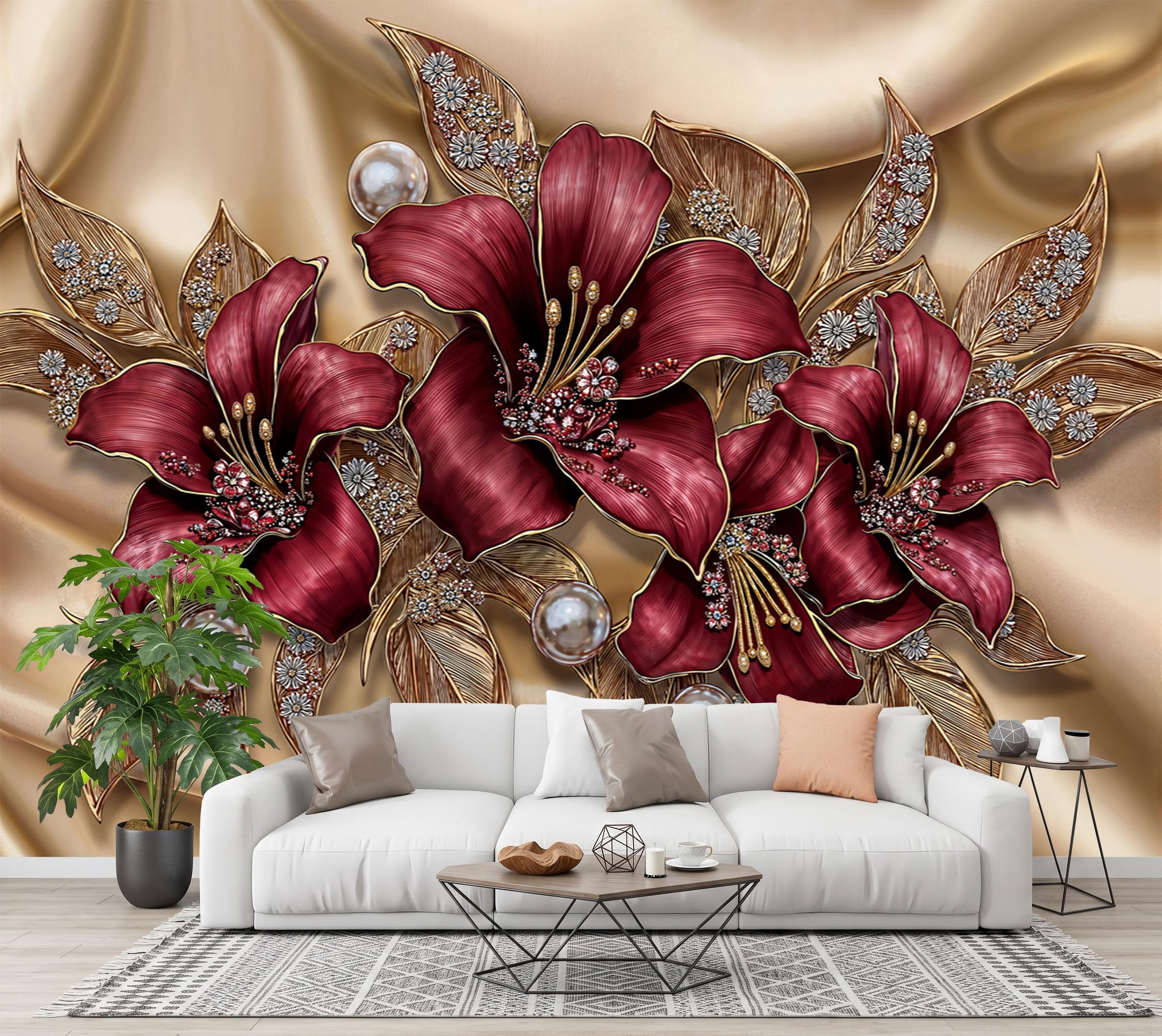 Retro-Blumenmuster Fototapete Schlafzimmer, 3D-Luxus-Lilienzweige Und -Blätter Seidentapete Wandtapete für Esszimmer Wohnzimmer E-Sport-Raum, Burgund Wanddeko - 300 x 210 cm