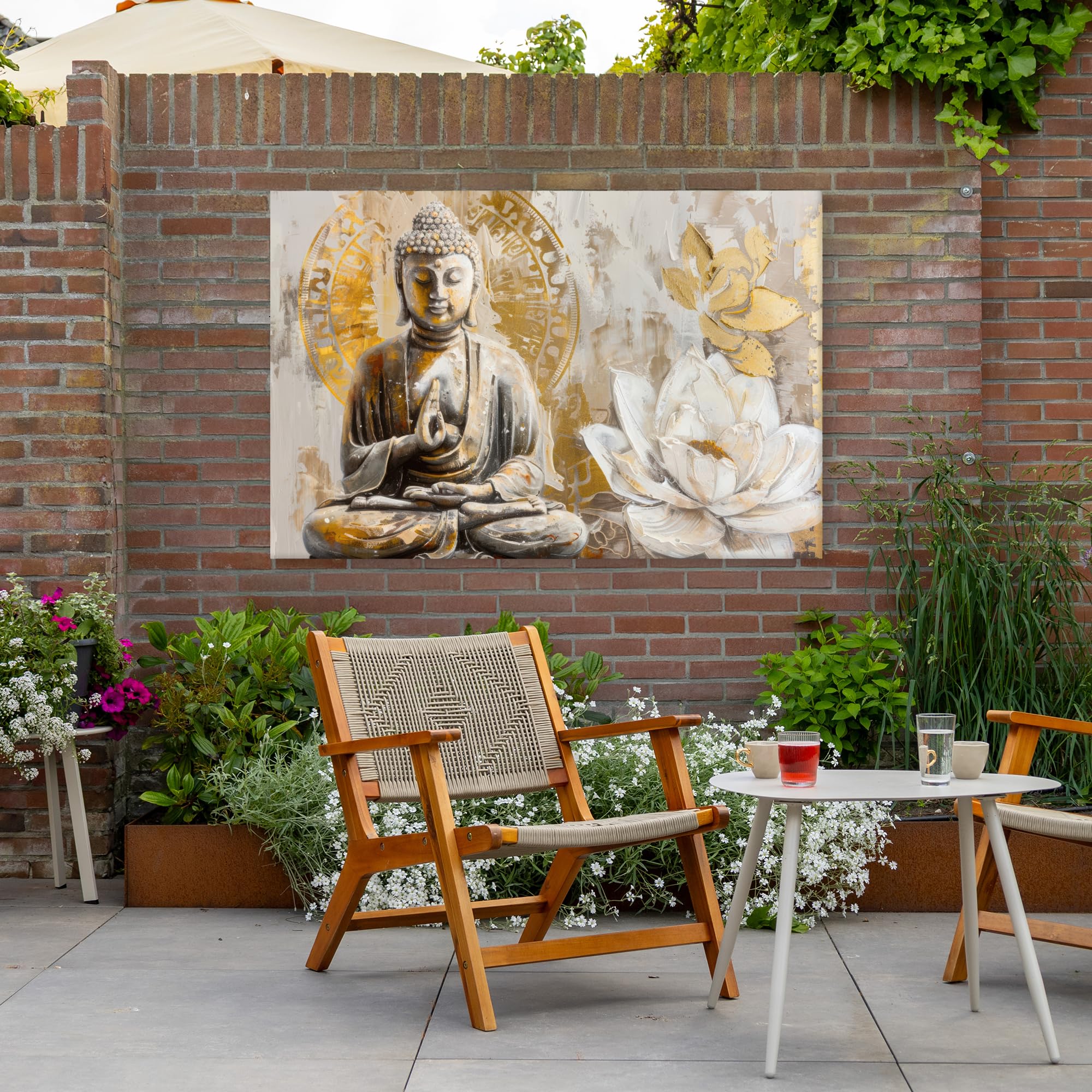 Gartenbild 150x100 cm Outdoor Deko Garten Leinwand Modern Wandbild Wetterfest Kunstdruck Terrasse Geschenke Draußen Buddha - Blume - Lotus - Spiritualität