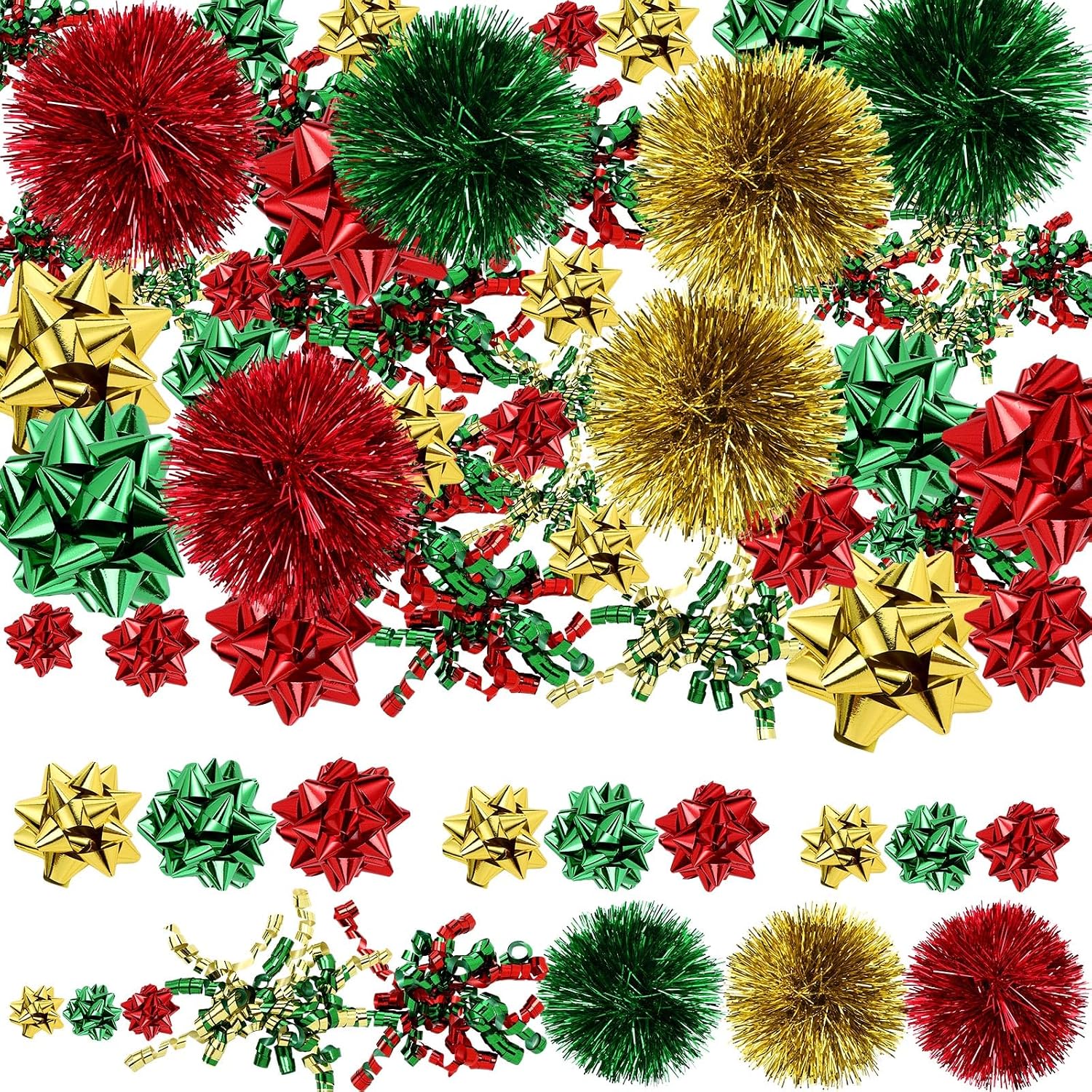 Daifunli 48 Pieces Christmas Gifts Bows for Gift Wrapping Self Adhesive Gift Wrap Curly Bow Tinsel Assorted Size Wrapping Accessory for Xmas Present Holiday Decoration(Red, Green, Gold)