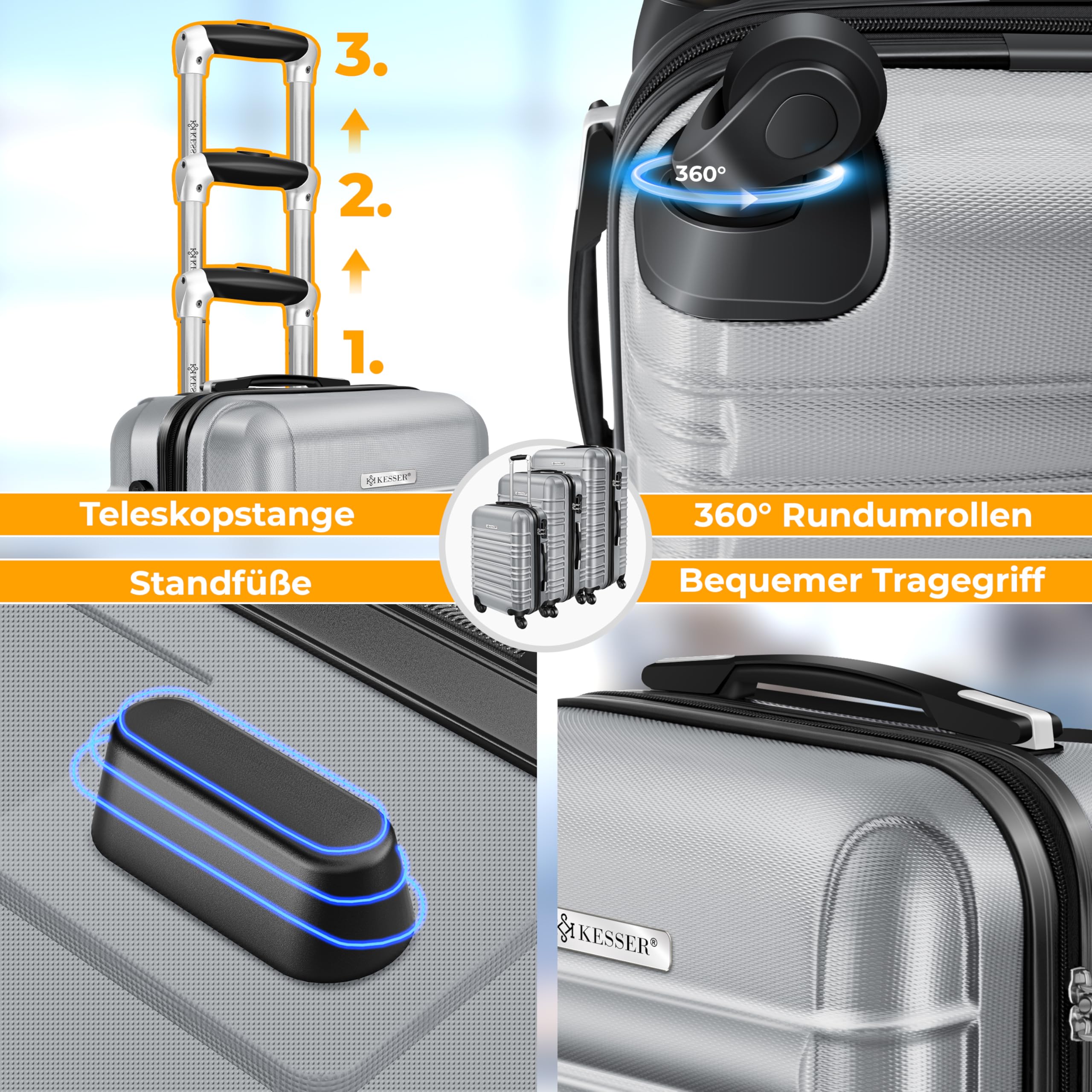 KESSER® Set de 4 Maletas rígidas, Juego Maleta Trolley Incl. báscula de Equipaje + Etiqueta de Equipaje Maleta rodante Cerradura 4 Ruedas ABS Carcasa rígida asa telescópica S-M-L-XL