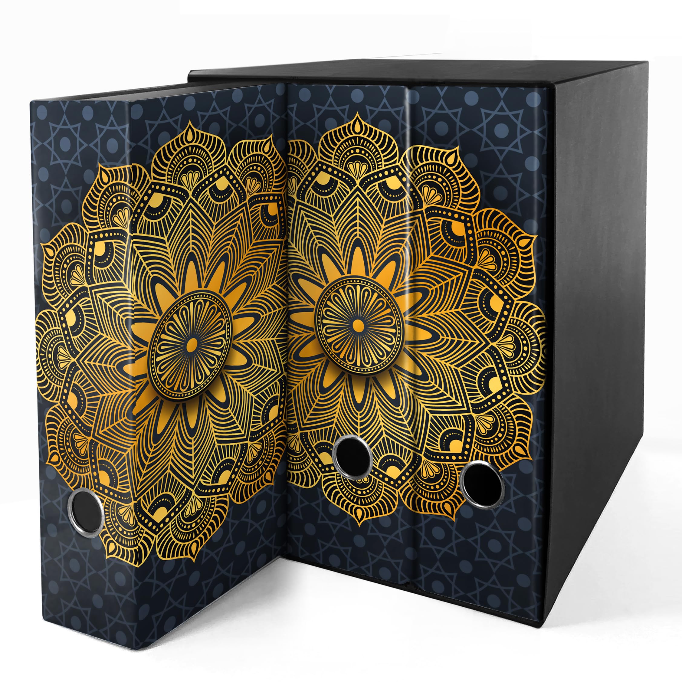 Set 3 raccoglitori ad anelli - MANDALA color ORO sfondo BLU (H31 cm con 2 anelli)