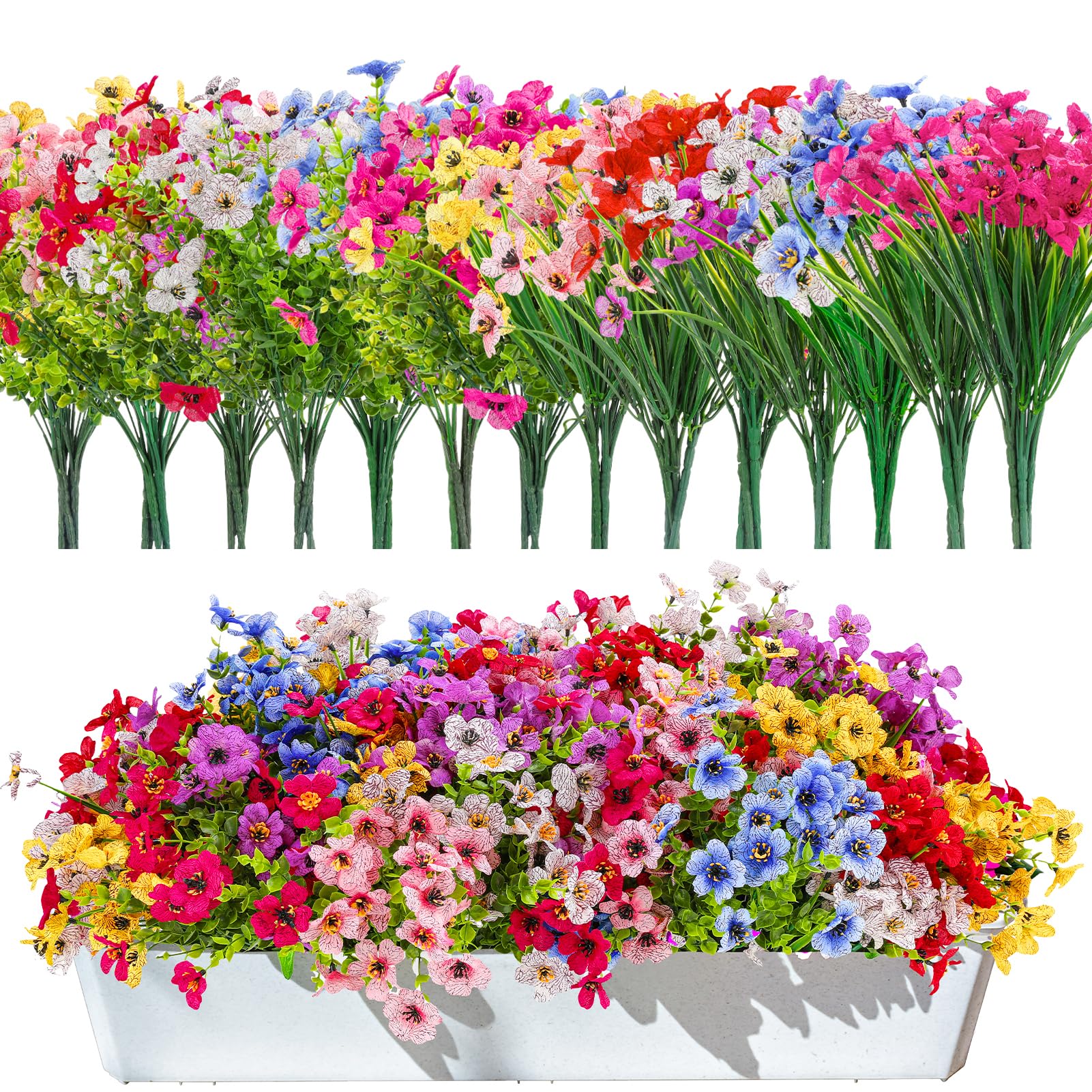 56 Bündel künstliche Pflanzen Blumen für draußen Frühling Sommer Dekoration, künstliche Kunststoffblumen Seide bunte Gänseblümchen realistische hängende Pflanzgefäße Garten Veranda Fenster