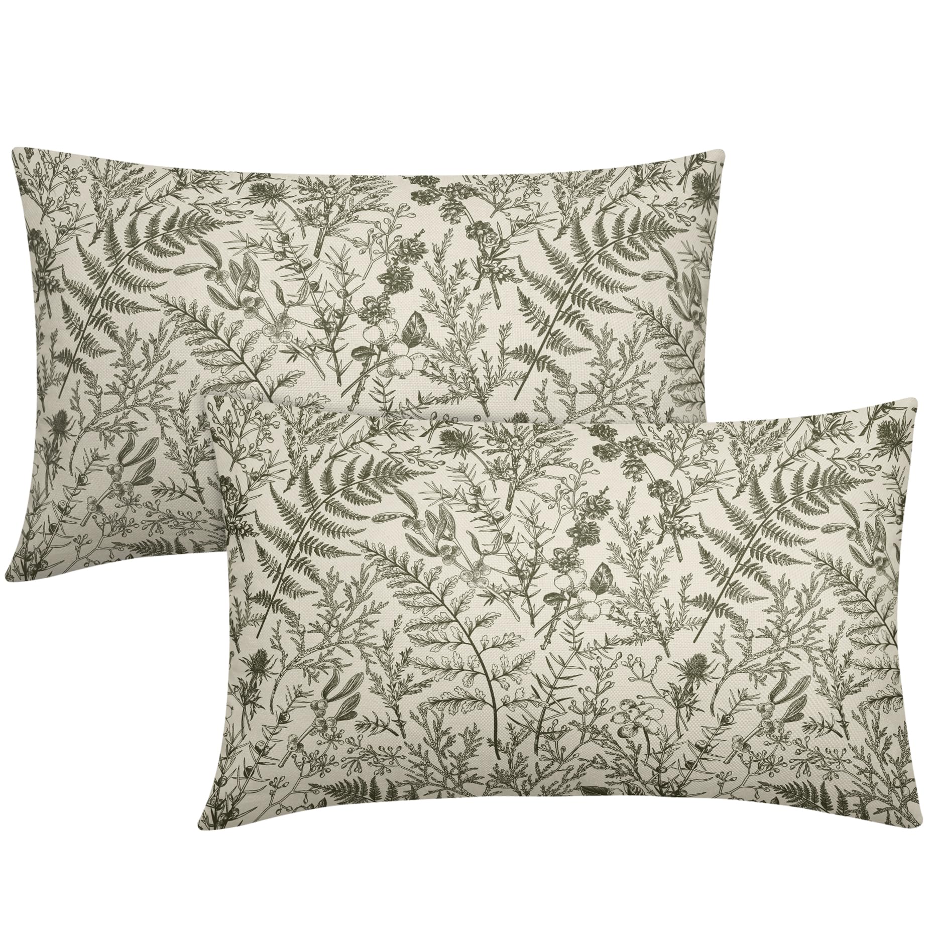 sorfbliss Olive Green Floral Pillow Covers 12x20 Set of 2 Botanical Print Vintage Spring Flower Plant Cream Rectangle Decorative Lumbar Throw Pillow Cases Outdoor Farmhouse Decor for Sofa Couch Bed