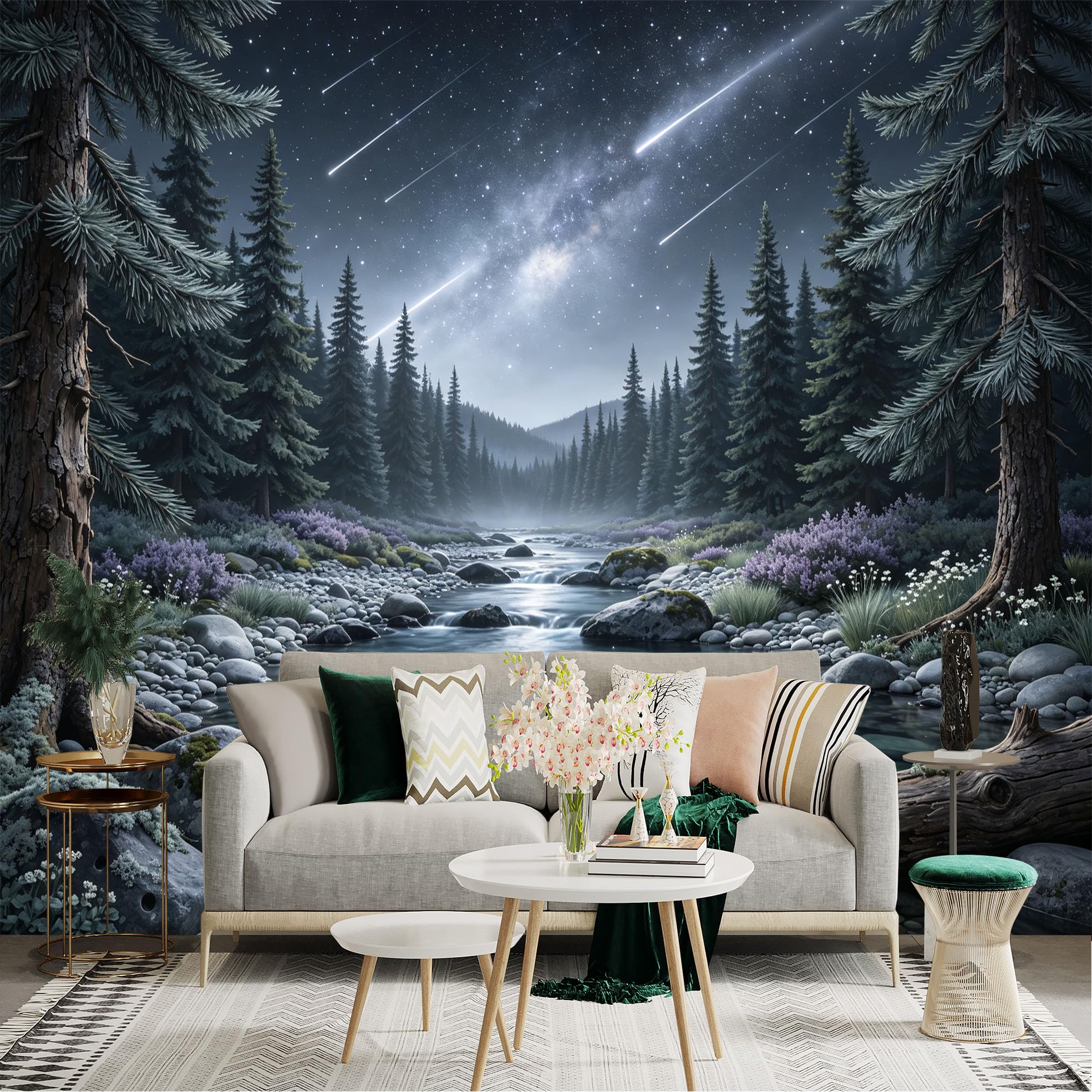 Lnzczhyre Bh260719287 Custom Size Wall Sticker Mural， Milky Way Over River， Coniferous Forest， Shooting Stars， For Wall Decoration， Peelandstick Wall Decals.