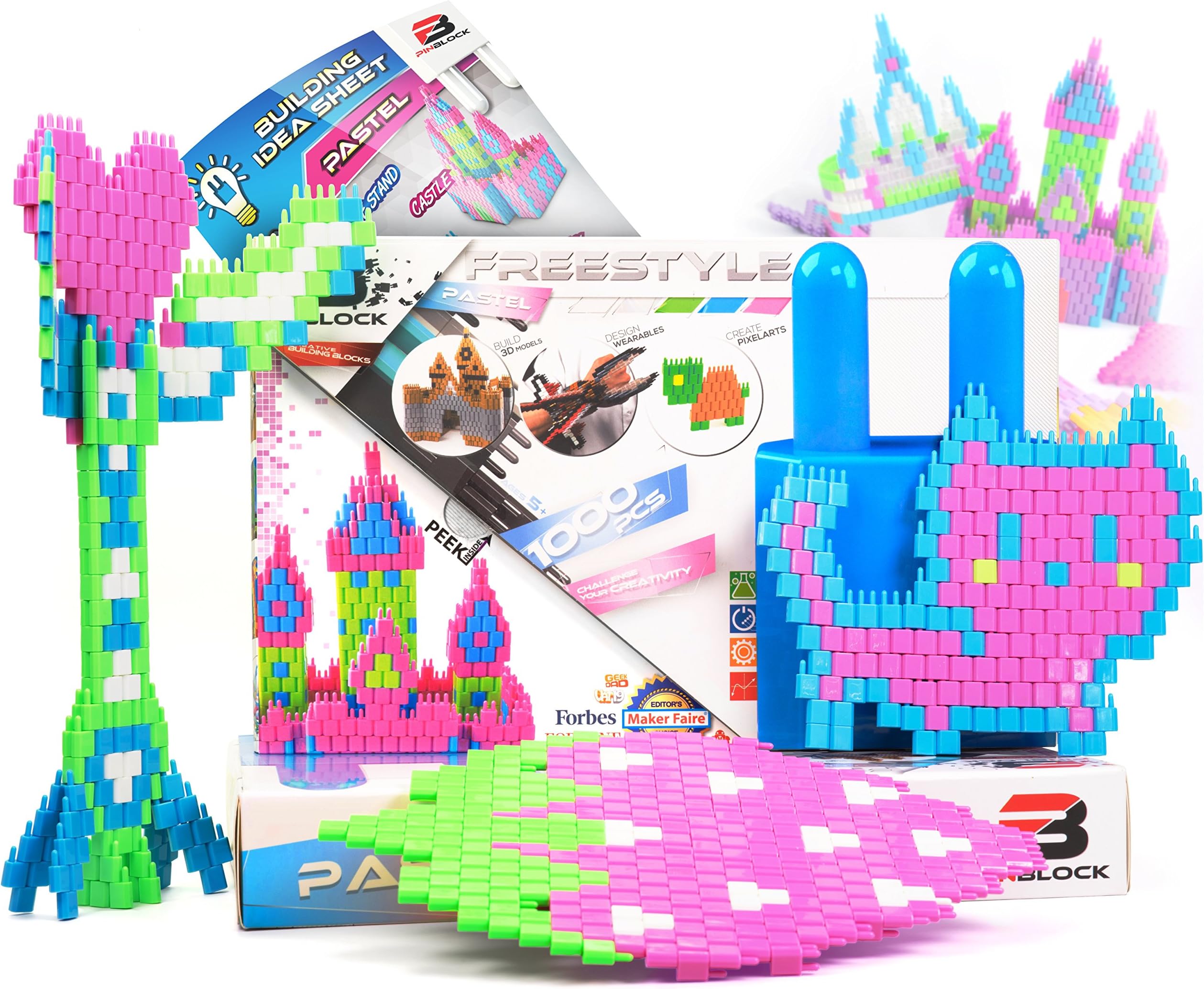 Pinblock Freestyle ''Pastel'' - Creative Smart Building Set for Boys and Girls with 1000 Interlocking and Rotating Blocks (200pcs each - Pink, Peach, Light Blue, Light Purple, Light Green)