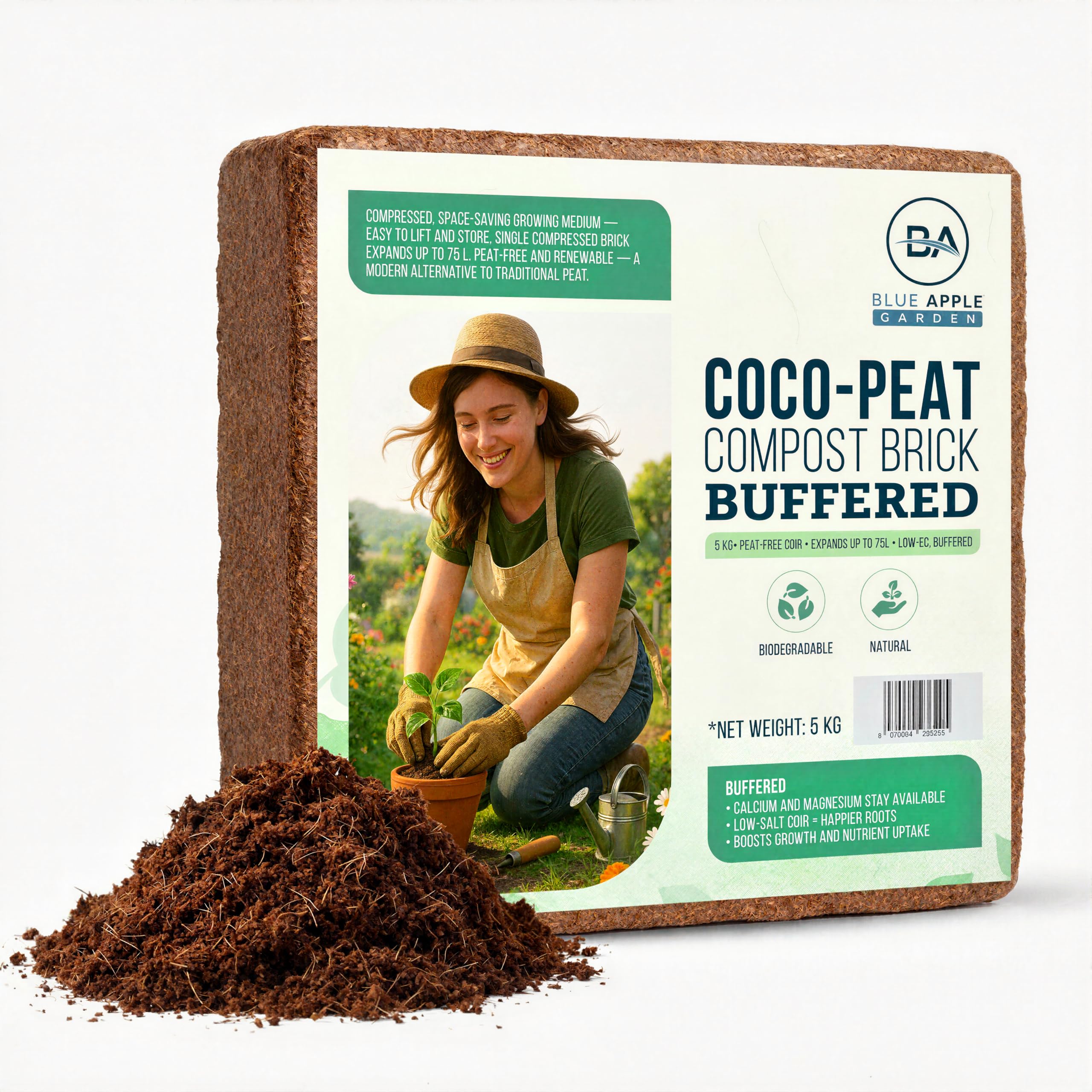 Coco Coir Brick 5kg – Buffered Coconut Coir Compost (Coco Peat) – Expands to 75L Peat-Free Growing Medium – pH-Balanced for Seeds, Plants, Hydroponics & Houseplants – Blue Apple Garden