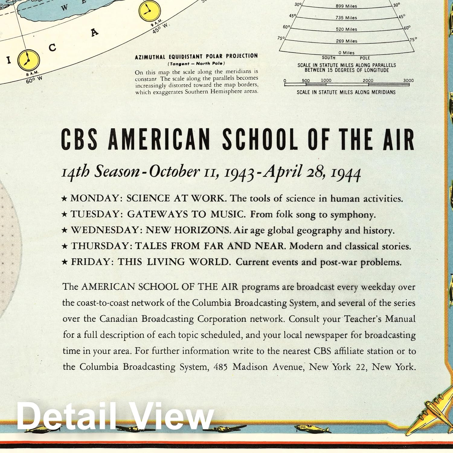 Historic Pictoric Flat Earth Map: 1943 CBS American School of the Air Age Map of the World, A Polar Projection, 1943 - Vintage Wall Art - 18in x 24in