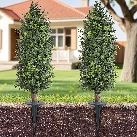 momoplant Artificial Topiary Trees with Ground Spike 30 Inch Tall UV Rated Cone Bush Evergreen, Set of 2 Faux Plants Easy to Push in The Ground for Indoor/Outdoor Decor