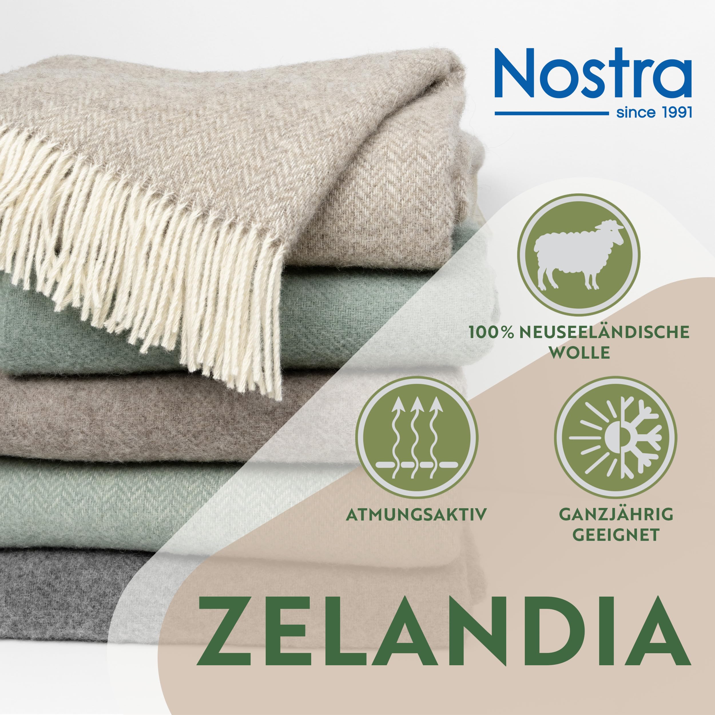 Nostra Zelandia 100% Reine Wolldecke – Warme, atmungsaktive und leichte Wolldecke für Sofa, Bett und Outdoor-Bereich, temperaturregulierender Komfort mit Fransen (Natürlich)