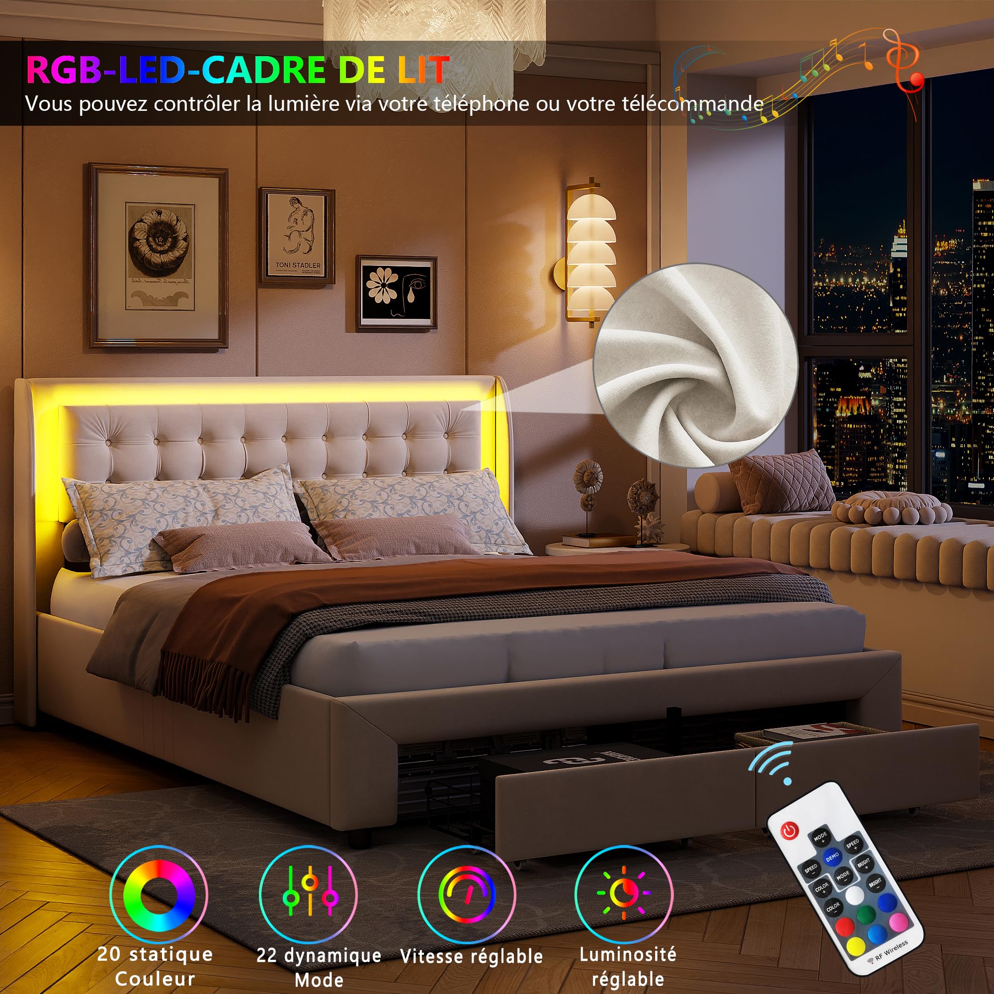 LIVLUX Lit Coffre 180 x 200 cm, Lit Double rembourré avec éclairage LED, Cadre de lit avec 2 tiroirs et Espace de Rangement, Lit 2 Personnes pour Adultes et Adolescents,Velours (180 x 200 cm C)