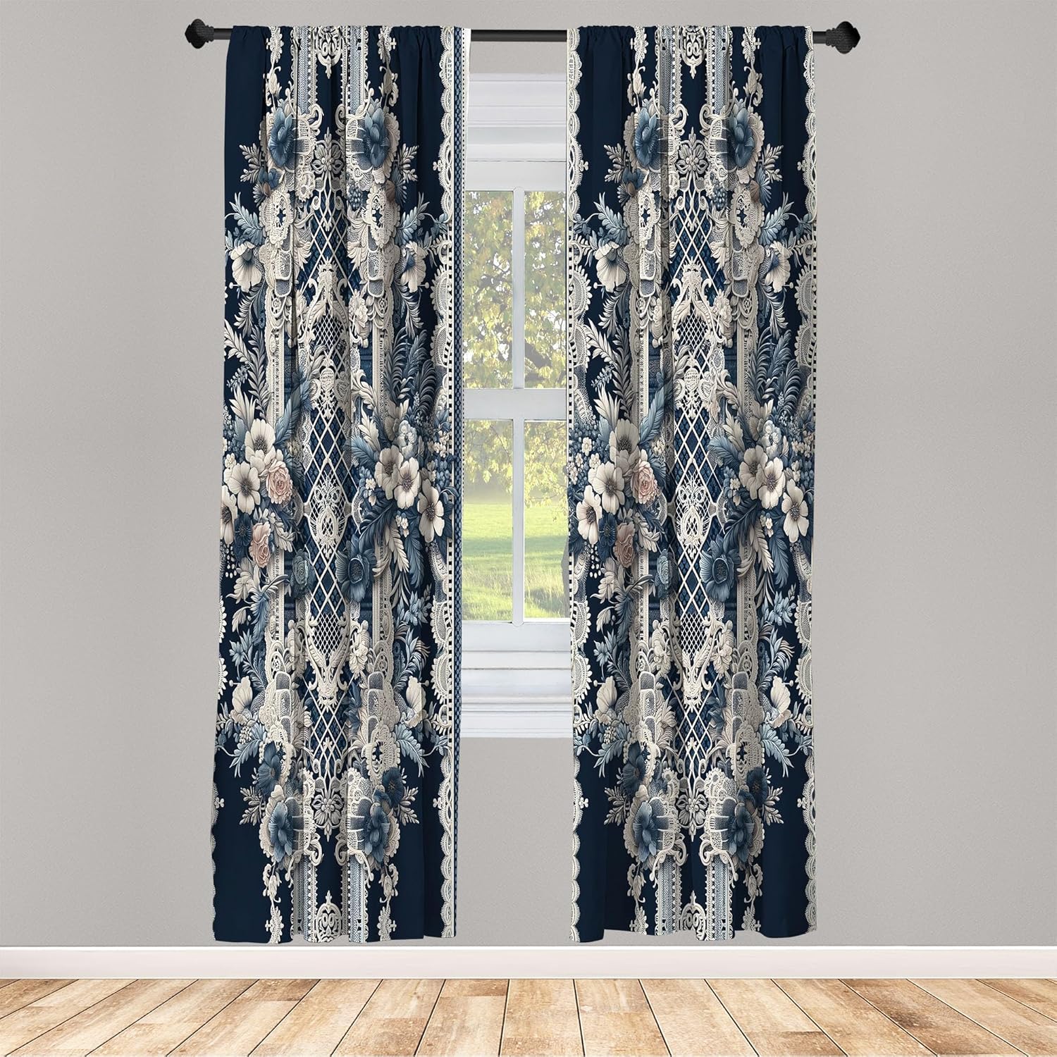 Ambesonne Victorian Curtains, Cold Tone Lace Pattern with Floral Curlicue Leaves Baroque Tile Art, Window Treatments 2 Panel Set for Living Room Bedroom, Pair of - 28" x 84", Dark Violet Blue Coconut