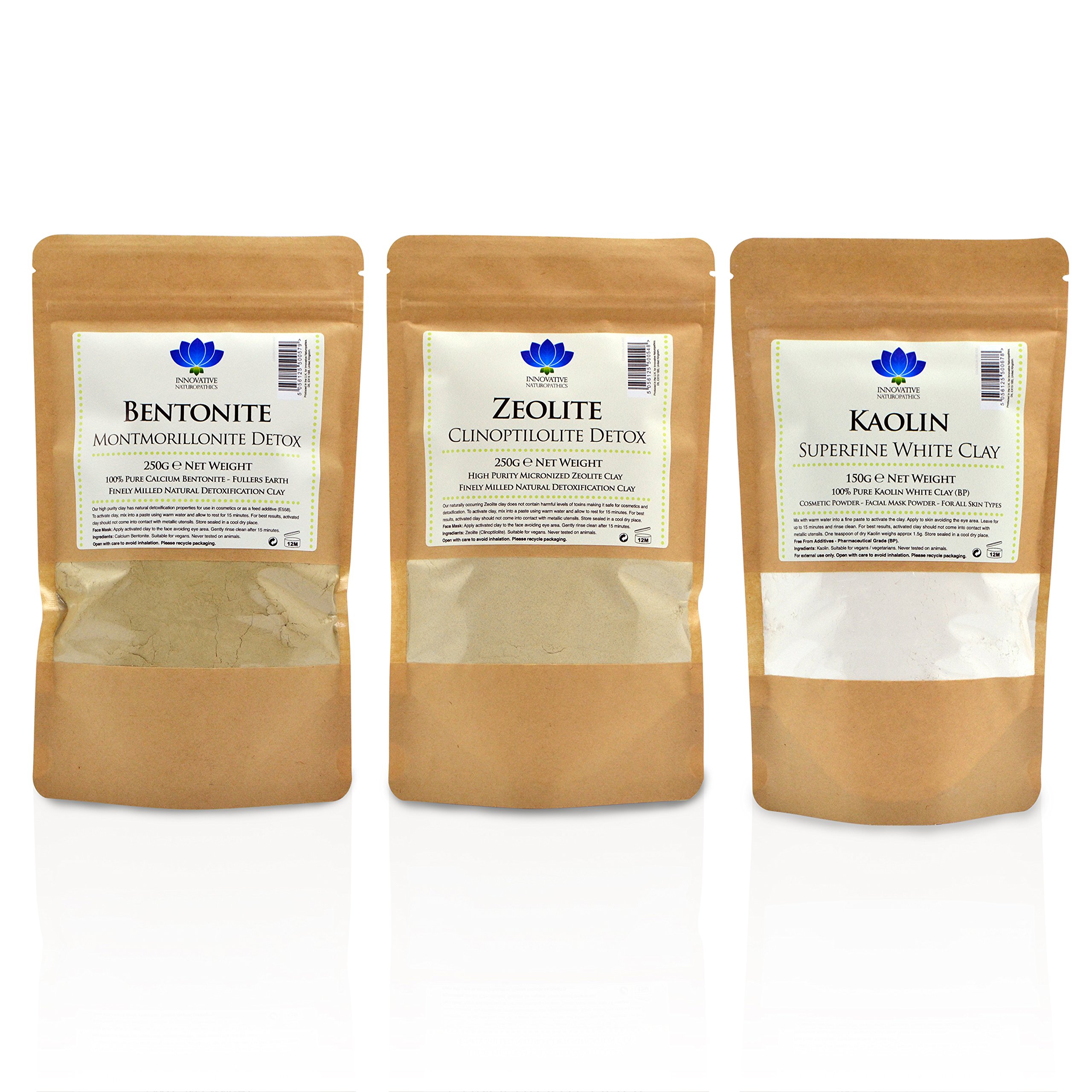 Healing Clay Detox Kit No. 2 - Bentonite 250g / Zeolite 250g / Kaolin White Clay 150g