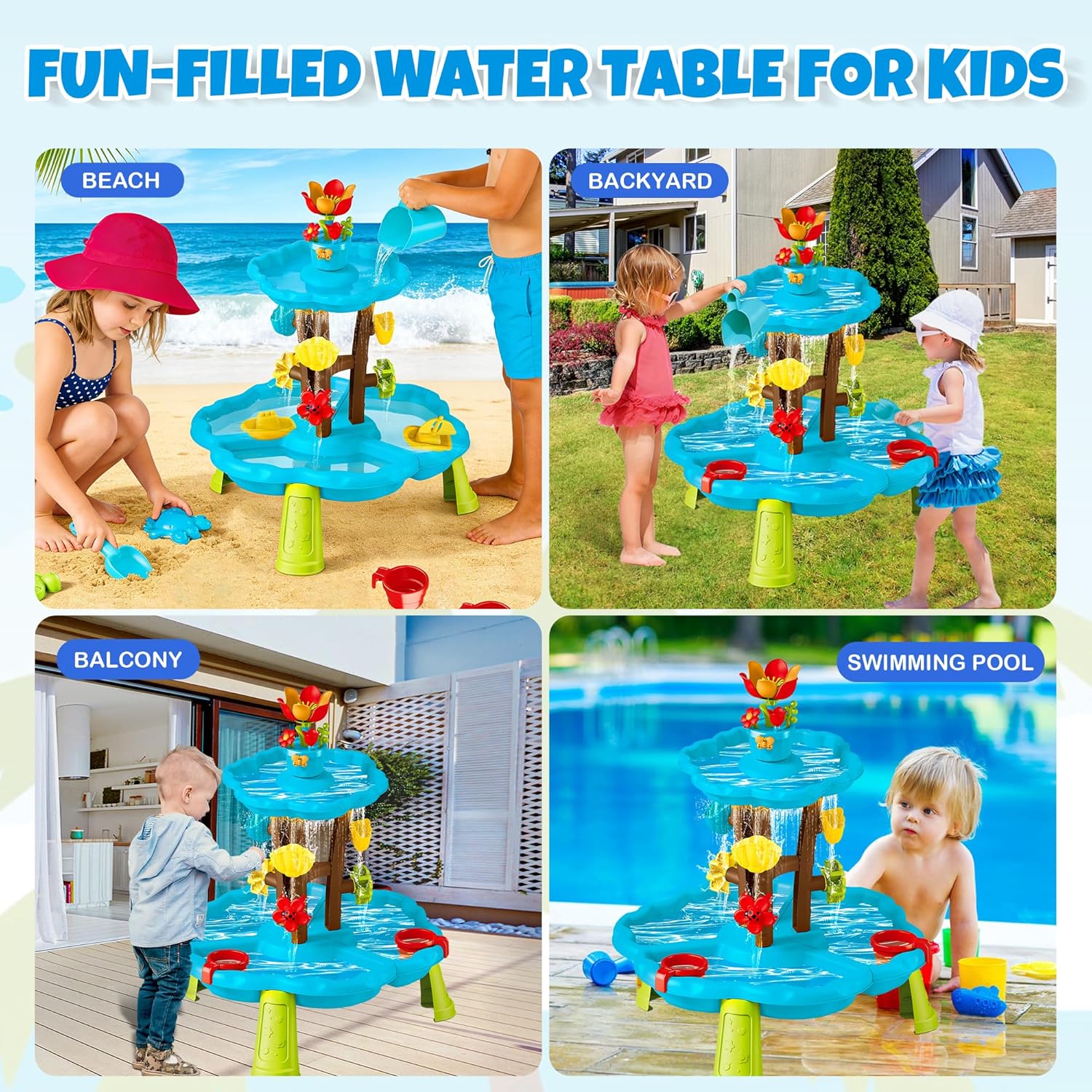 Blossom Sand and Water Table for Toddlers 3-8, 2-Tier Kids Water Play Table with Watering Flower & Beach Toys, Outdoor Sensory Table for Backyard, Summer Beach Activity Table for Boys Girls Age 3+