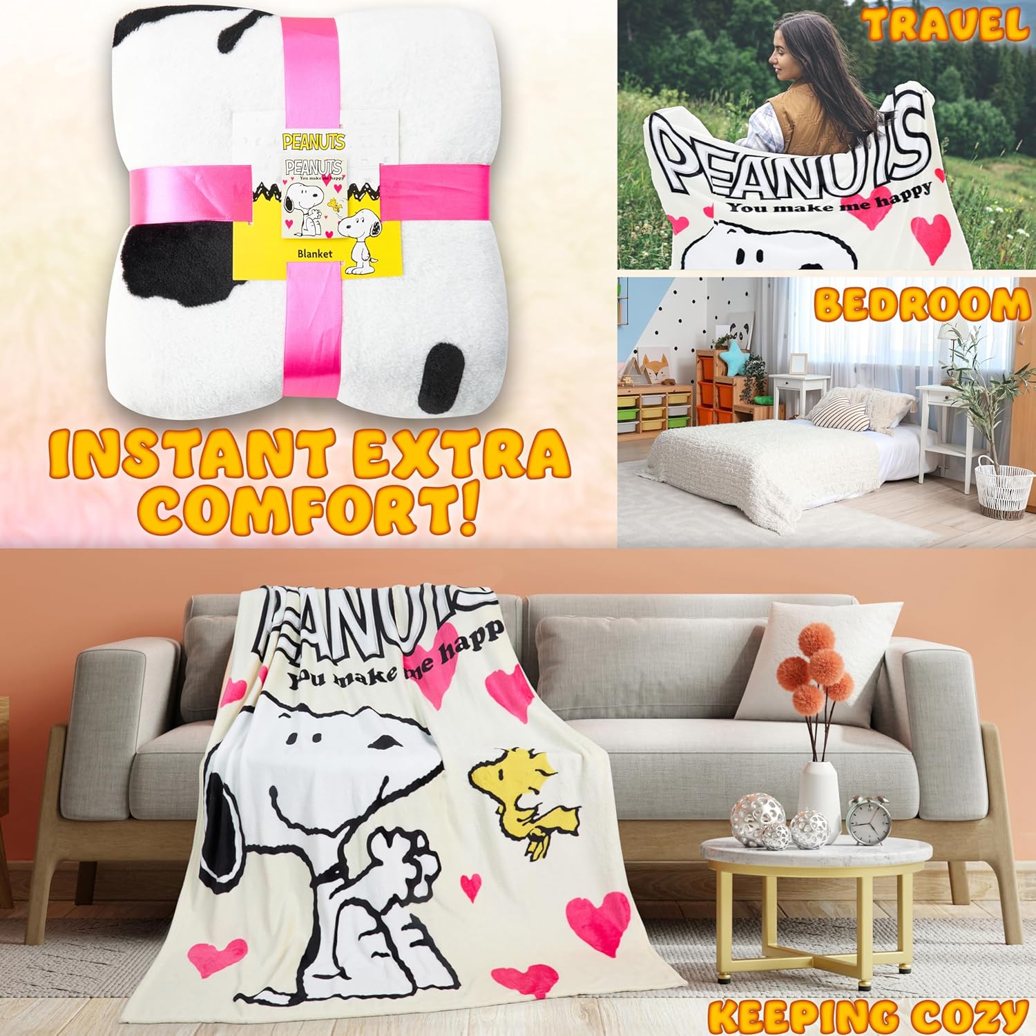 Peanuts Snoopy Blanket Throw for Couch Soft Cozy Cute Fleece Blankets Fluffy Comforter for Travel Bedroom Accessories Cozy Gifts 59 x 51 Inches - Image 3