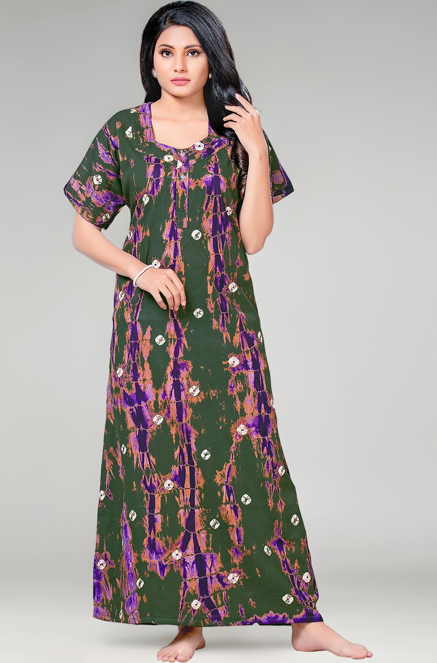Women's Cotton Printed TIE DYE Maxi Gown Ankle Length Nighty Night Dress for Women Free Size - Mehendi