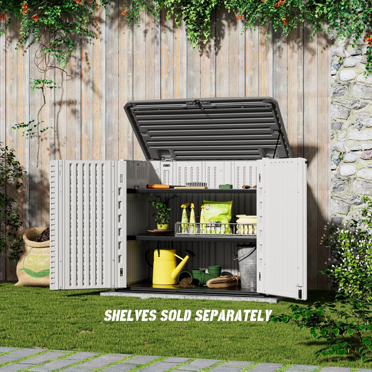 Mrosaa Outdoor Patio Storage Shed,Waterproof Horizontal Outdoor Storage Cabinet for Garbage Cans,Tools and Lawnmower Lockable(34 Cu.ft-Warm-White)