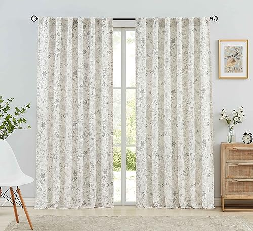 Miniatura 2 de Vision Home Cortinas de lino floral gris con pestañas traseras, bolsillo para barra, cortinas semitransparentes para ventana de granja, para