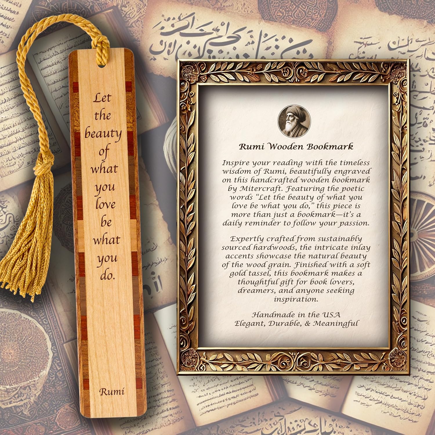 Rumi Quote Personalized Wooden Bookmark | Love What You Do Design | Handmade Wood Bookmark with Copper Collegiate-Style Chainette Tassel | Made in the USA