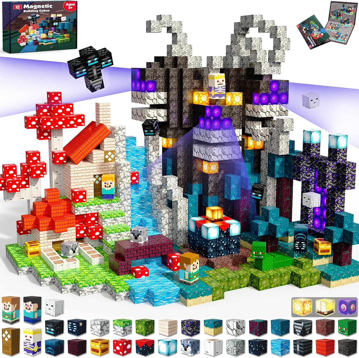 200 PCS Magnetic Blocks - Light Up Magnetic Building Blocks for Kids, Magnet Cubes Stacking for Boys Girls, STEM Montessori Sensory Toys Ages 3 4 5 6 7 8 9 10 11 12 13 Easter Birthday Gifts