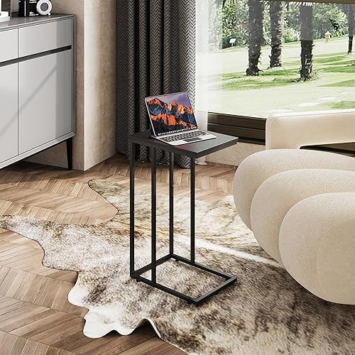 Miniatura 13 de Mesa auxiliar Wlive, mesa auxiliar móvil con marco de metal, para láptop o el café, mesa con forma de C con estante de malla y espacio de Alivio
