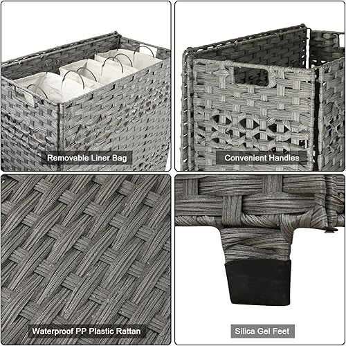 Miniatura 4 de OIAHOMY Cesta de lavandería con tapa, cesta de ropa de 140 litros con 3 bolsas extraíbles con forro, cesta plegable con tapa, cesta de mimbre