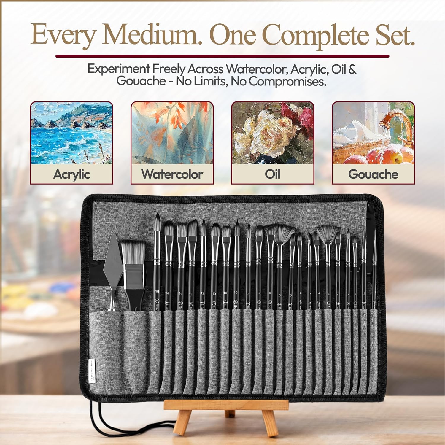 Flow & Hue 25 Pcs Paint Brush Set - Acrylic Paint Brush Set for Acrylic Painting - Watercolor Paintbrush Set - Professional Artist Paint Brushes, Oil, Gouache - Canvas Case - Face Painting